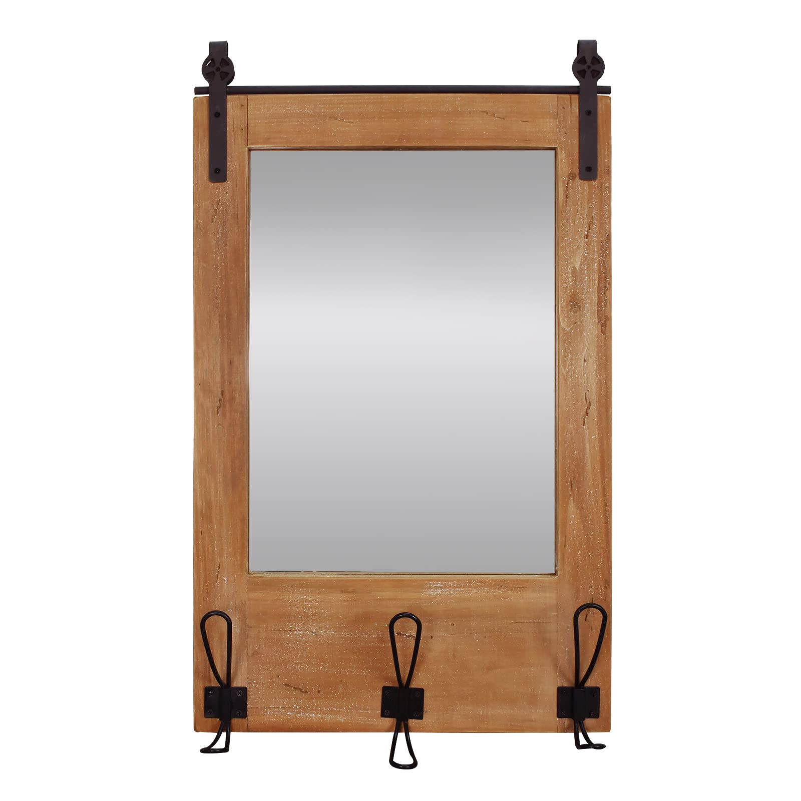 Rustic Wood Framed Wall Mirror with Hooks - 15