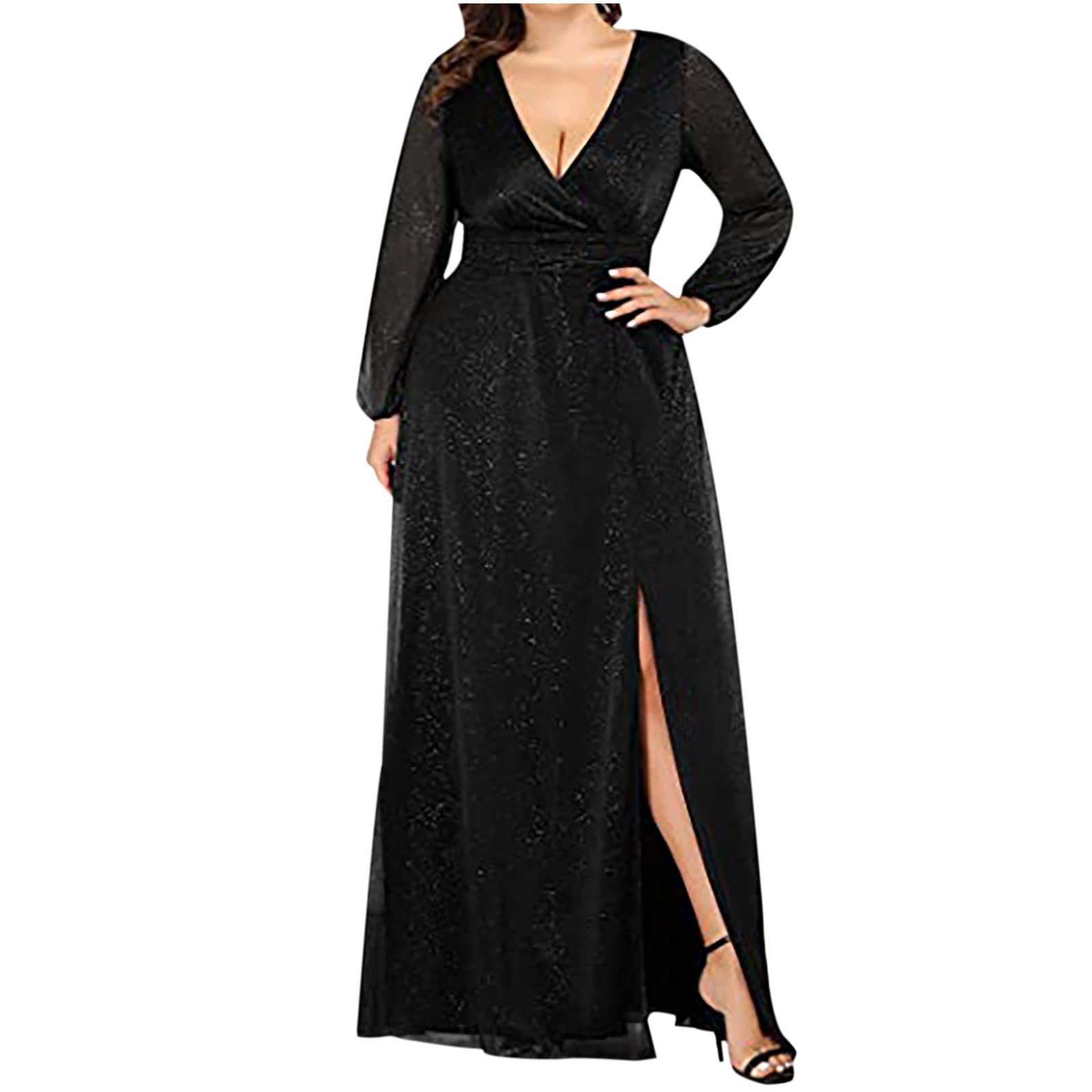 Elegant Plus Size Sequin Cocktail Dress for Women - Sexy V-Neck Long Sleeve Mesh Maxi Dress with High Slit | Perfect for Wedding Guest, Holiday Party & Special Occasions