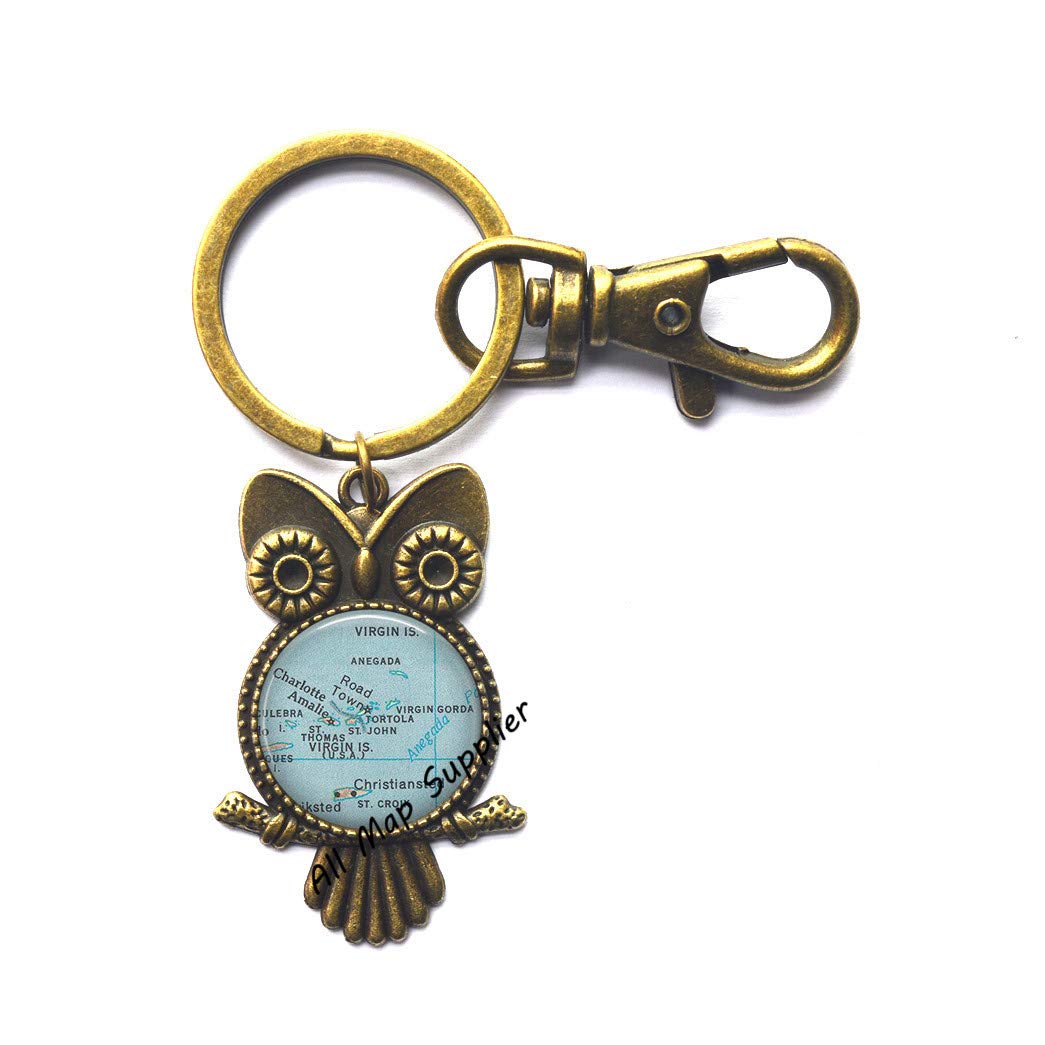 Charming Owl Keychain with Virgin Islands Map - St Thomas, St Croix & Charlotte Amalie Caribbean Souvenir Key Ring (A0215) - Perfect Travel Gift & Island-Themed Accessory for Keys, Bags & Backpacks