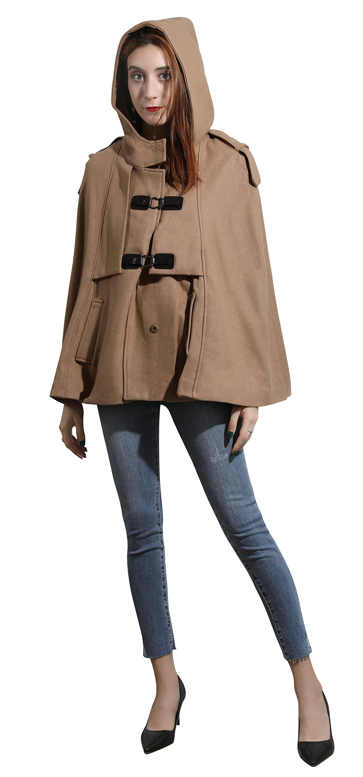 CHARTOU Women's Cute Batwing-Sleeve Hooded Wool Poncho Cape Cardigan - Cozy Winter Outerwear for Casual Wear, Travel & Outdoor Activities