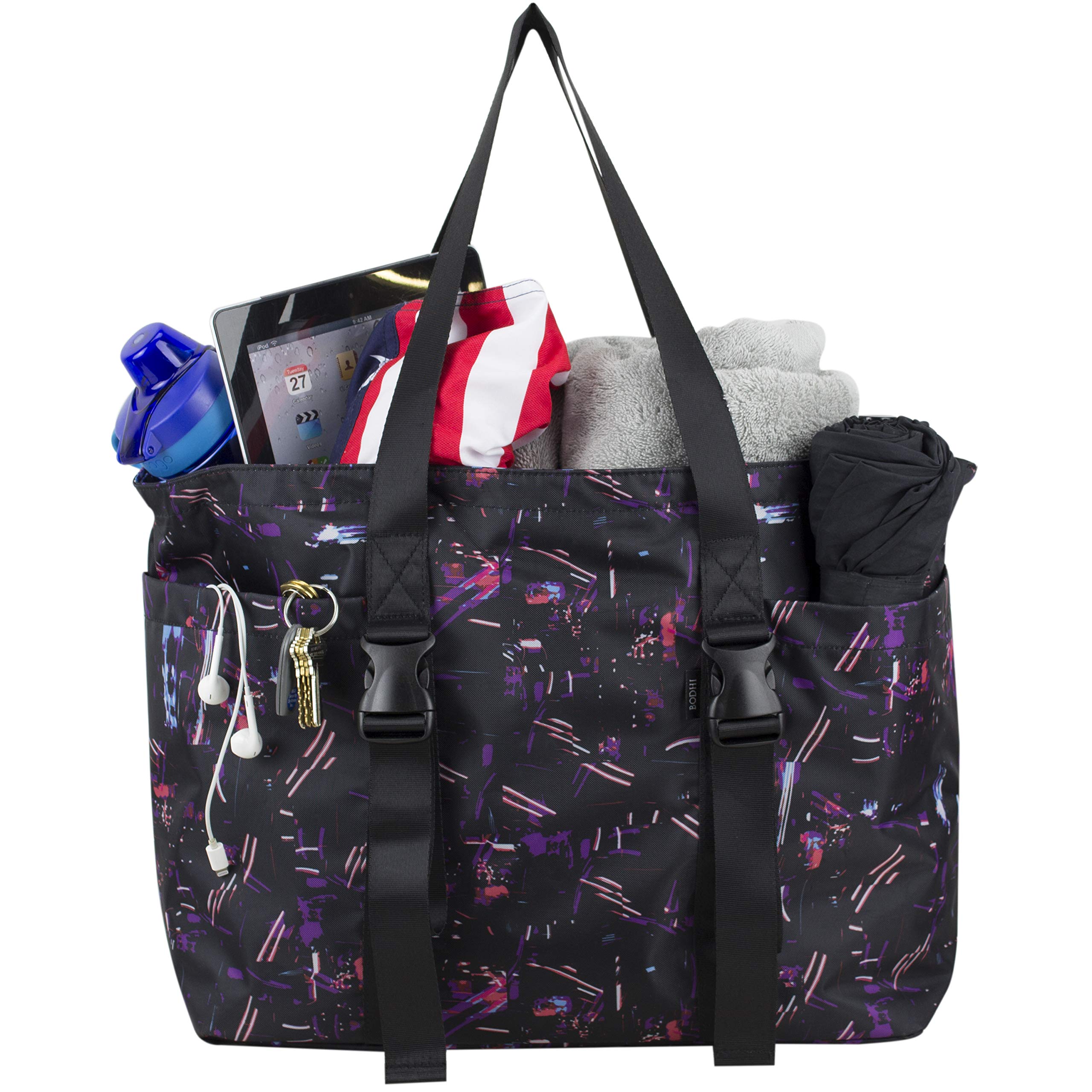 BODHI Women's Yoga Gym Tote Bag - Lightweight Travel Essentials Carry On Bag for Nurses, Athleisure & Workout - Black Sensory Print - Perfect for Yoga, Gym, Travel & Daily Commute