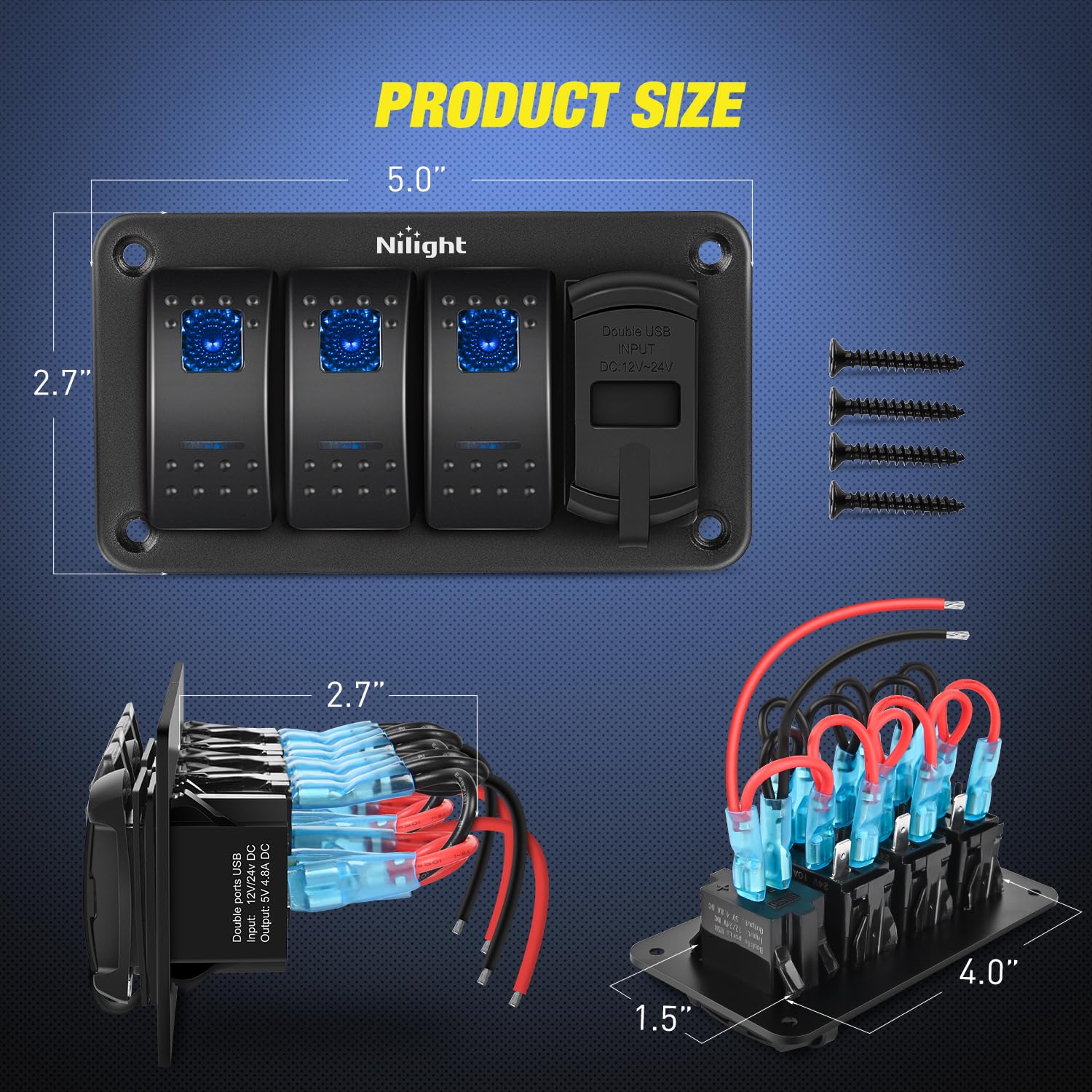 3 Gang Aluminum 5 Pin ON/Off Blue LED Rocker Switch Panel with PD Type C & USB Charger & Voltmeter - Perfect for Marine, RV, Truck, and Boat Electrical Systems