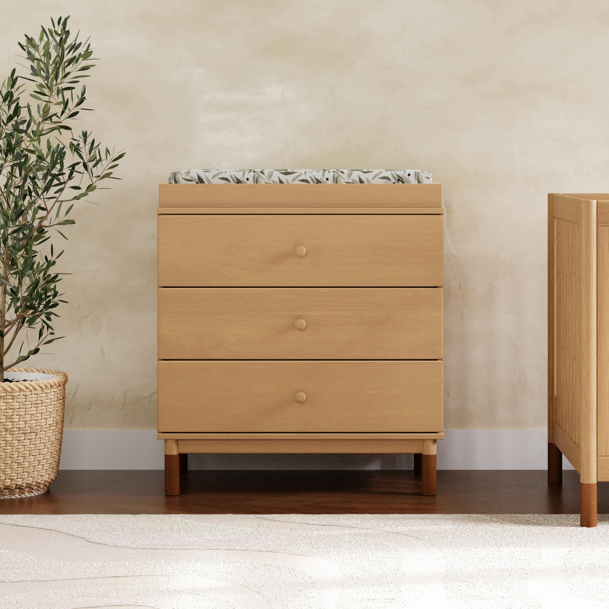 Babyletto Gelato 3-Drawer Changer Dresser with Removable Changing Tray - Honey Finish & Vegan Leather Feet, Greenguard Gold Certified | Nursery Storage & Baby Changing Station for Modern Parents