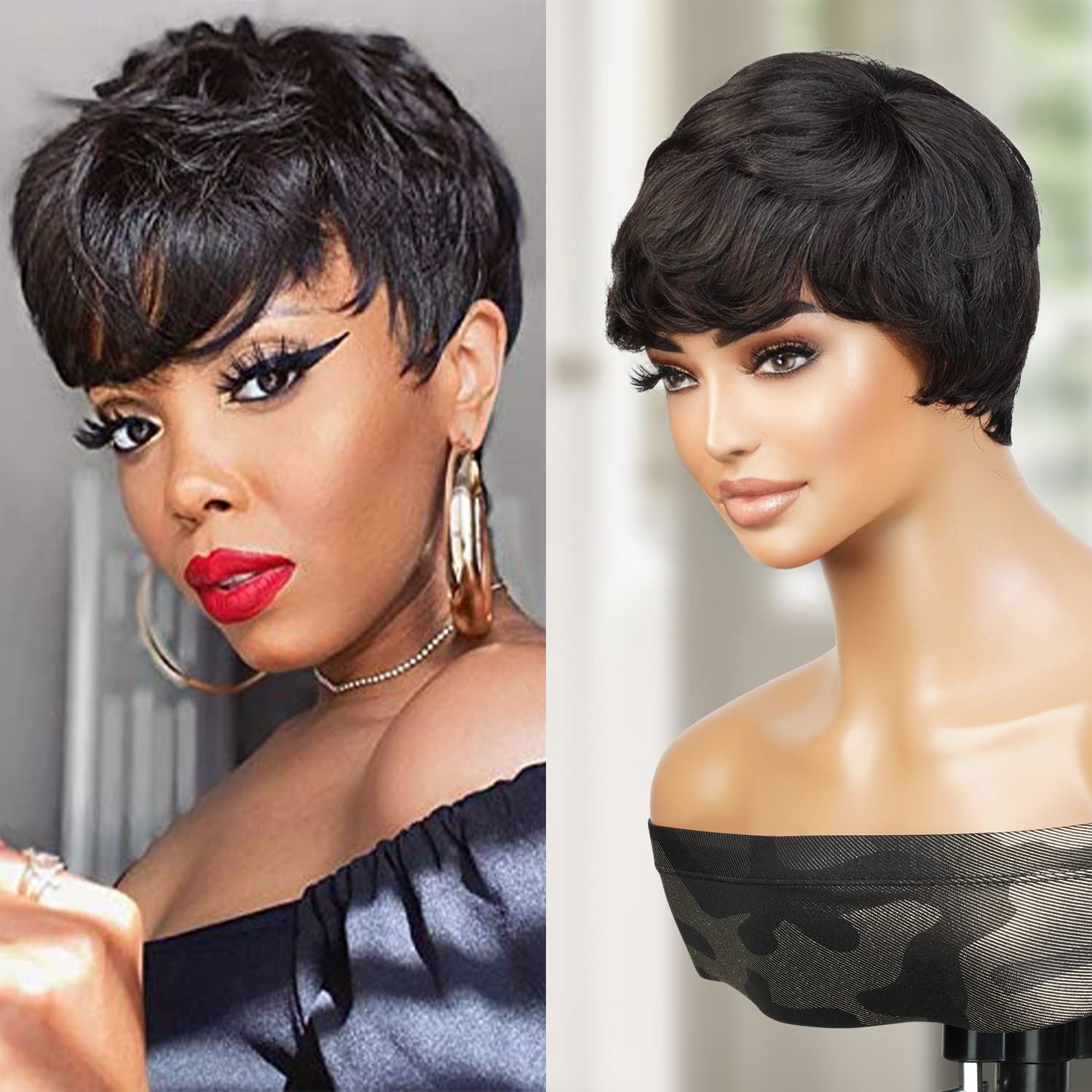 Short Human Hair Wigs for Black Women - Pixie Cut with Feathered Bangs, Tapered Back, Non-Lace Front - Natural Pearl Color | Perfect for Daily Wear, Cosplay & Special Occasions