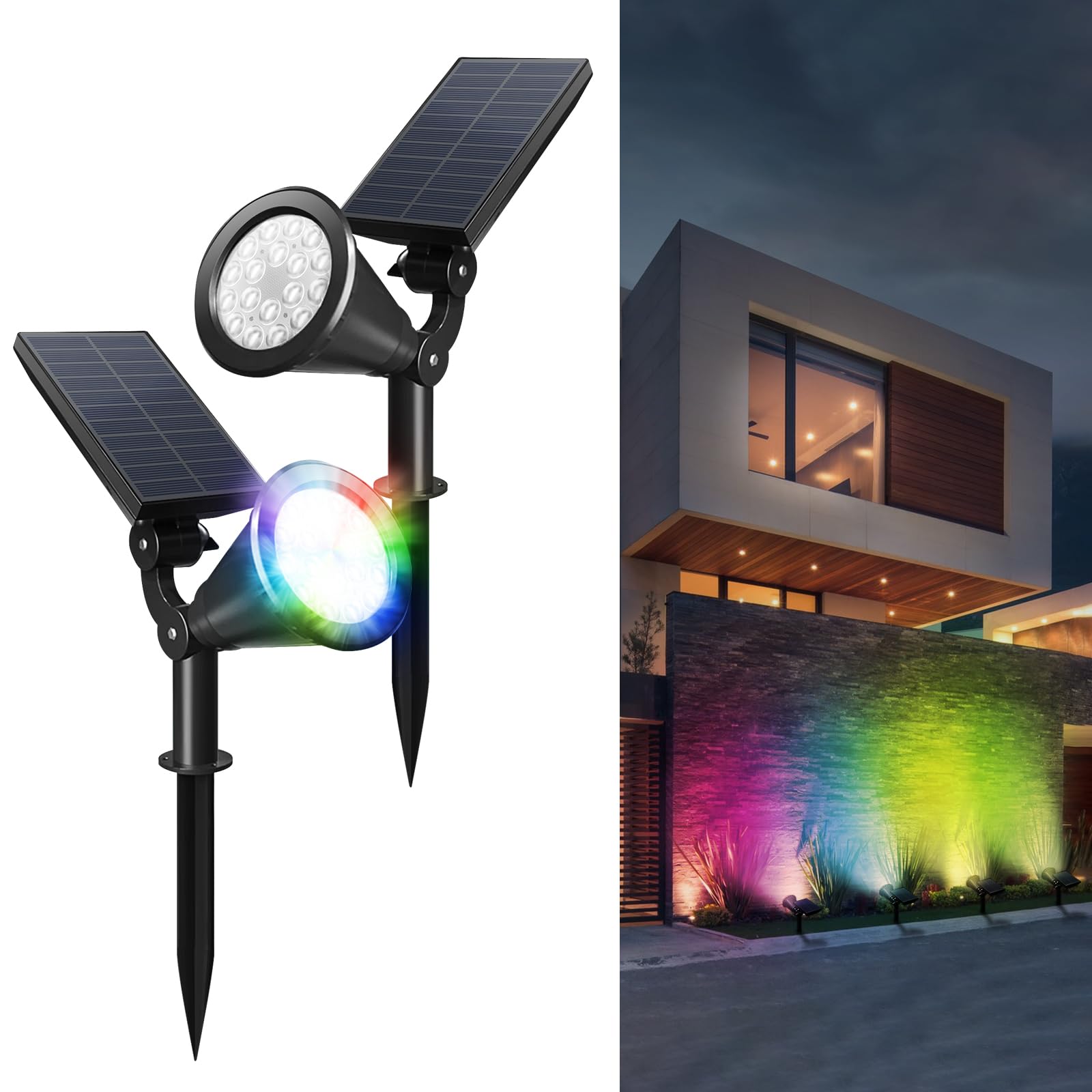 18 LED Solar Spot Lights Outdoor Waterproof IP65 - 7 Color Changing Modes, Multi-Color Landscape Lighting for Yard, Garden, Driveway & Christmas Decorations (2 Pack) - Perfect for Pathway, Tree Uplighting & Holiday Displays