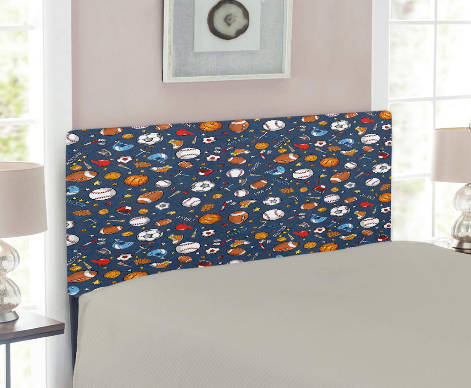 Ambesonne Upholstered Sport Headboard with Memory Foam - Twin Size Dark Blue Multicolor - Basketball Baseball Football Gloves Design - Decorative Metal Bed Frame for Boys Room, Teen Bedroom, Sports Themed Decor