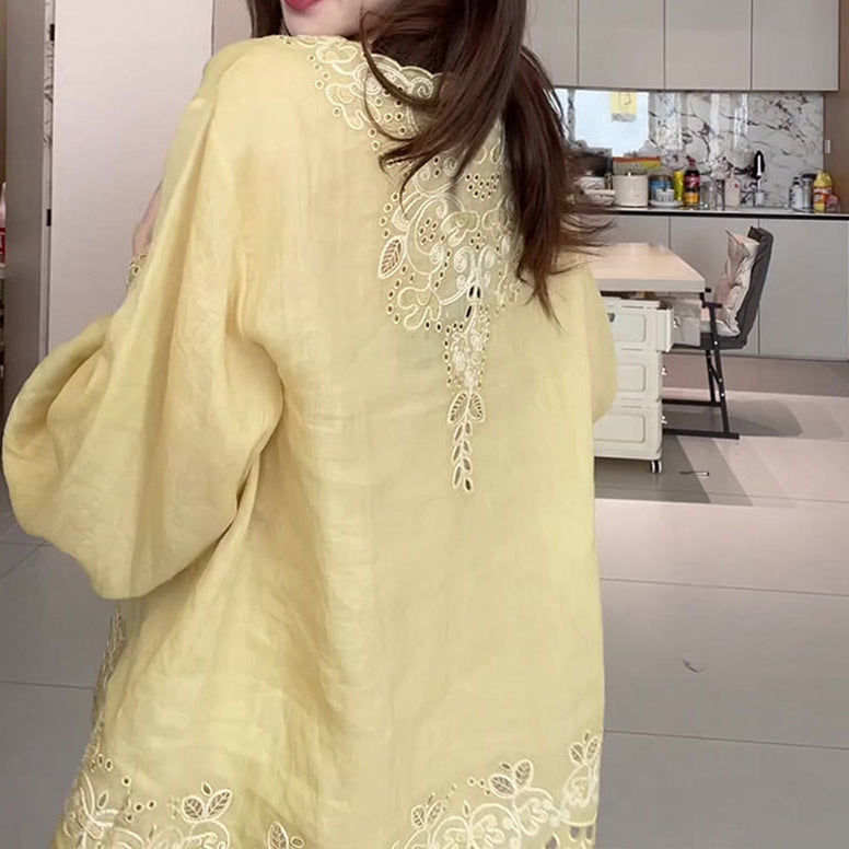 2025 Trendy Women's Embroidered Hollow-Out Luxury Shirt - Breathable Loose Fit Spring Summer Blouse for Casual Wear & Vacation Outfits