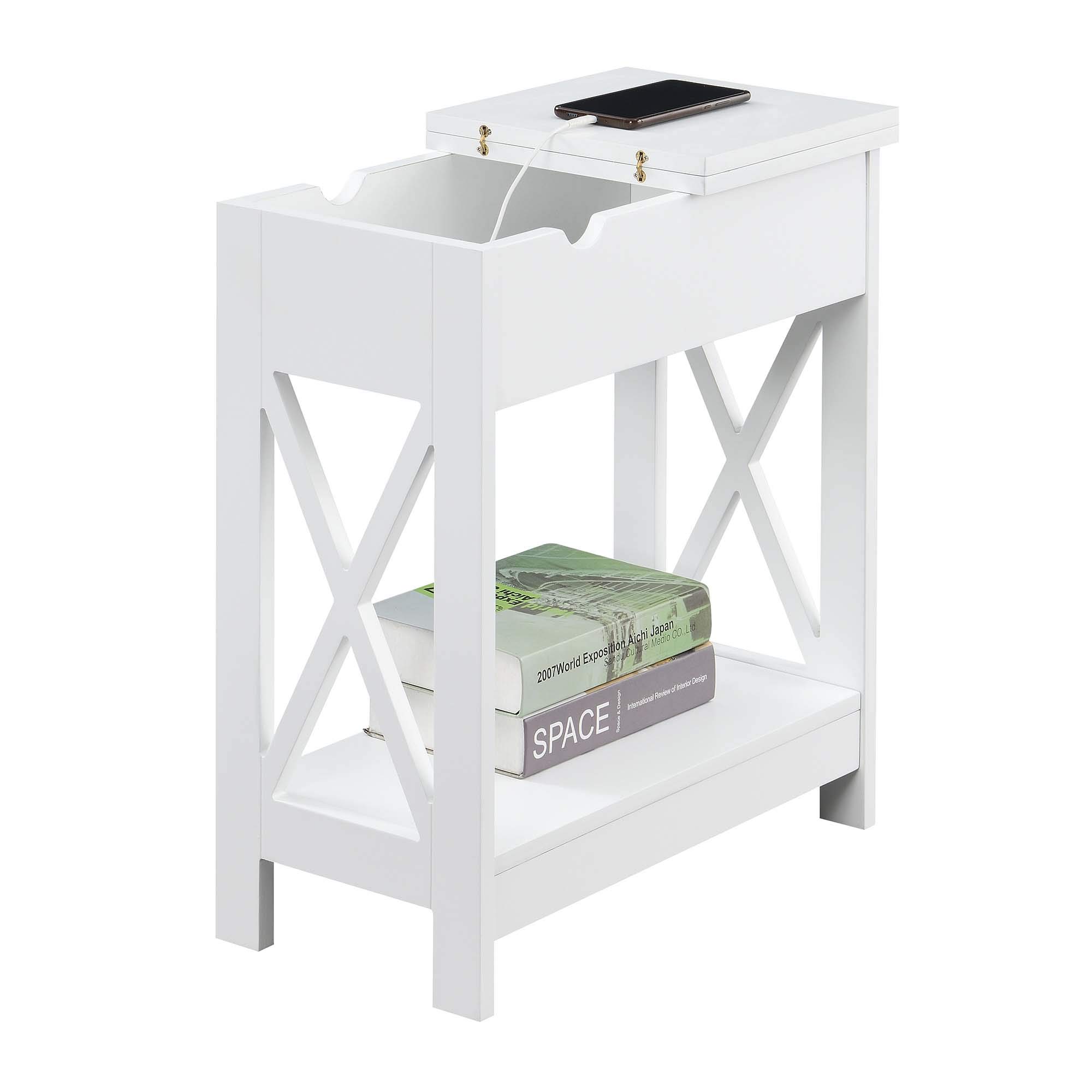Oxford Flip Top End Table with USB Charging Station & Shelf - White | Modern Side Table for Living Room, Bedroom & Office | Convenience Concepts