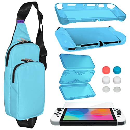 Premium TPU Protective Case Cover & Accessories Kit for Nintendo Switch OLED Model - Includes Shoulder Bag, Tempered Glass Screen Protector, Thumb Grip Caps & Game Card Holder (Blue) - Perfect for Travel, Gaming Parties & Everyday Protection