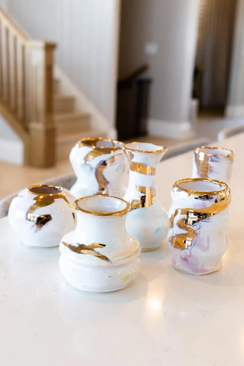 Luxury Set of 6 Small Porcelain Pots with 24K Real Gold Accents - Elegant Tea Cups for Afternoon Tea, Wedding Favors & Home Decor
