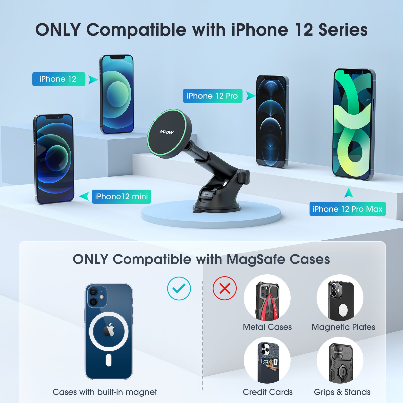 Mpow CA169A Magnetic Wireless Car Charger - Fast Charging for iPhone 12/13/14 Series, Samsung Galaxy S22/S23, Qi-Compatible Phone Mount with Strong Magnet - Perfect for Road Trips & Daily Commuting