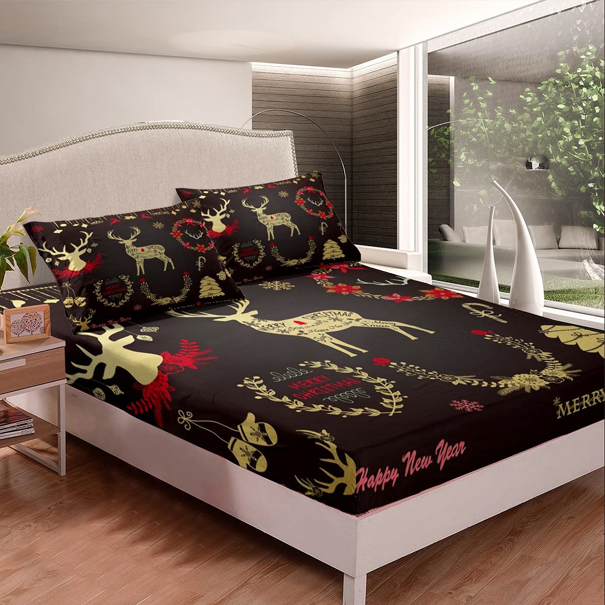 Erosebridal Full Elk Fitted Sheet Set - Deer & Christmas Tree Pattern Wildlife Animal Bedding for Kids Room Decor | Golden Black Antler Design Bed Cover | Perfect for Holiday Themed Bedrooms & Wildlife Nursery Decor