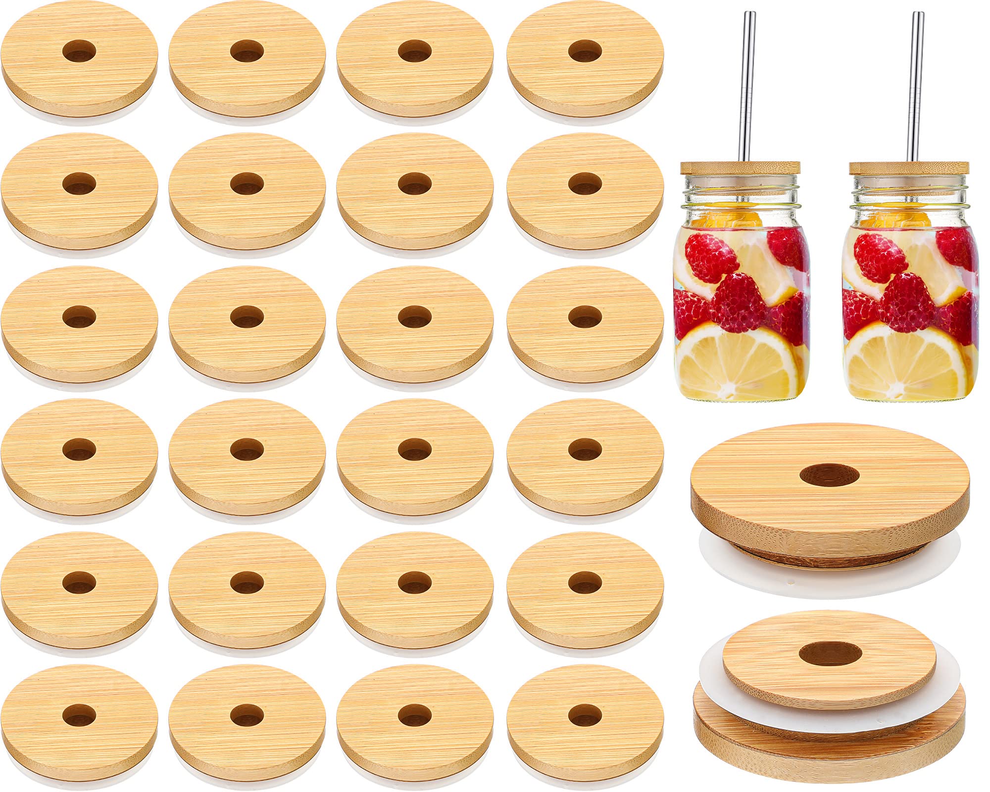 100-Pack 70mm Reusable Bamboo Jar Lids with Straw Hole & Silicone Ring - 2.76