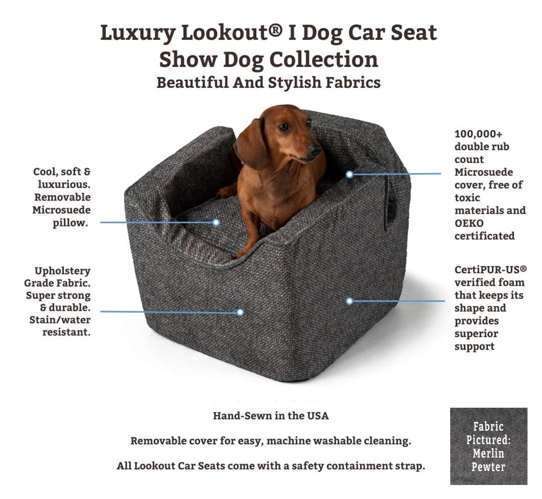 Snoozer Lookout I Dog Booster Car Seat for Small Dogs Under 25lbs - Medium Size Merlin Linen Pet Car Seat to Prevent Motion Sickness - Removable Washable Cover - Perfect for Road Trips & Vet Visits