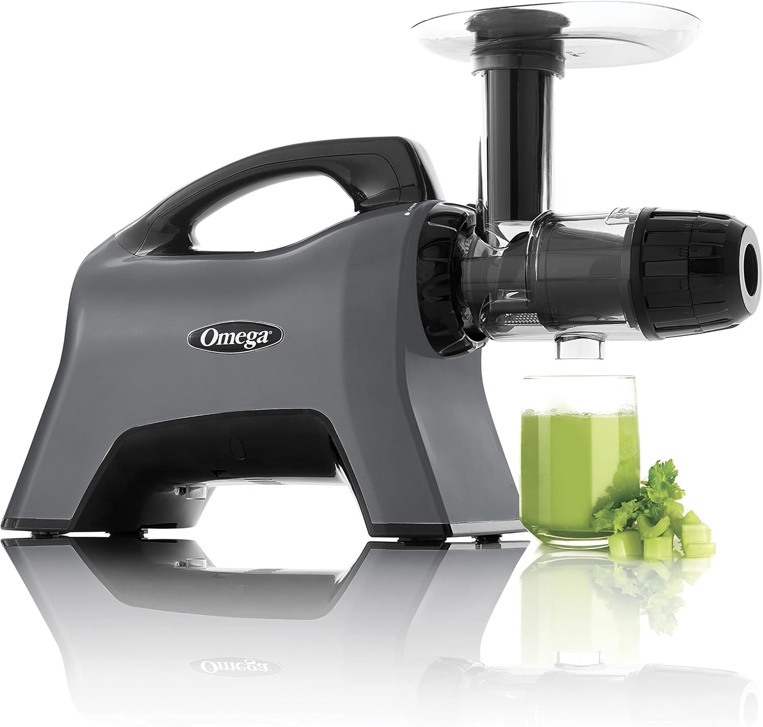 Omega Celery Juicer and Nutrition System - 200W Masticating Cold Press Juicer Machine with Adjustable Dial for Celery, Fruits & Vegetables - Perfect for Healthy Juicing at Home, Gym or Office (Silver)