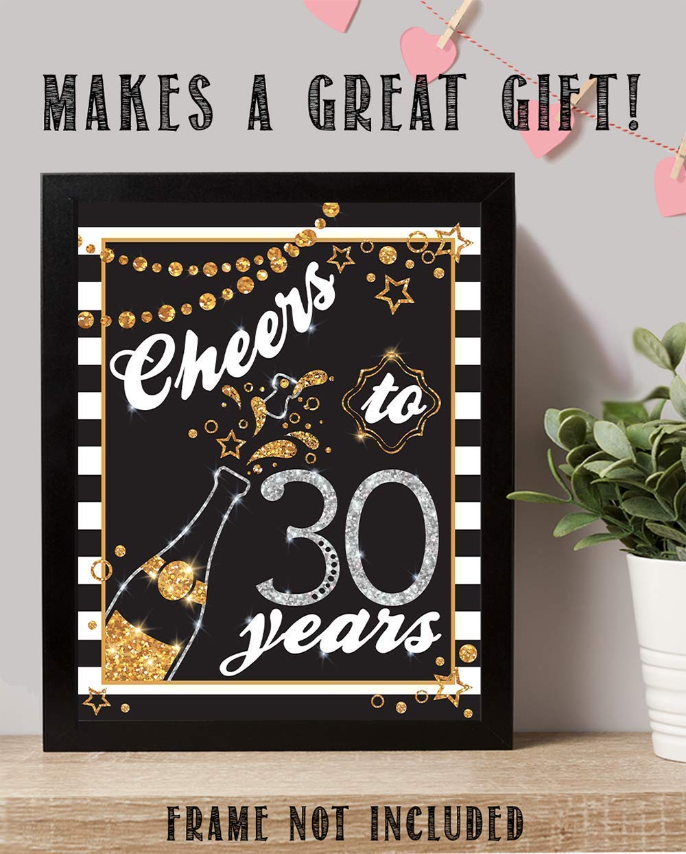 Cheers To 30 Years Champagne Print - Retro Black & White 11x14 Unframed Art Poster with Gold Glitter | Perfect for 30th Birthday Decor, Anniversary Gifts & Reunion Party Supplies | Wall Art for Home, Office & Celebration Decorations