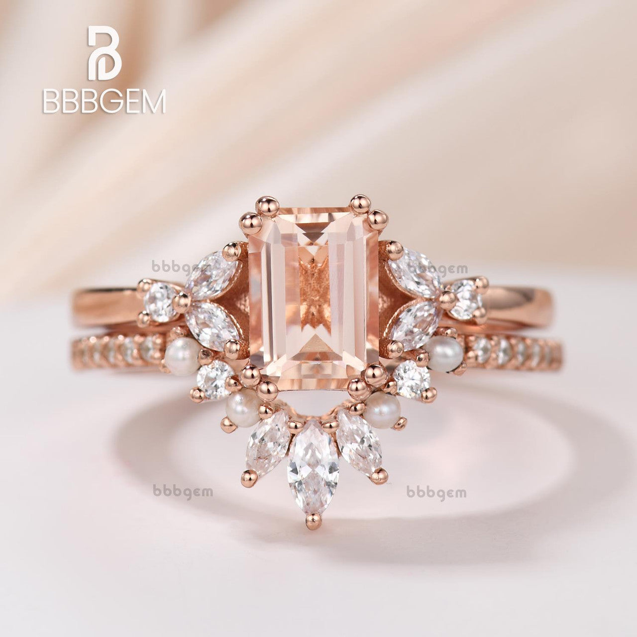Emerald Cut Morganite Rose Gold Engagement Ring Set with Pearl Moissanite Nesting Band - Perfect for Proposals, Weddings & Anniversary Gifts