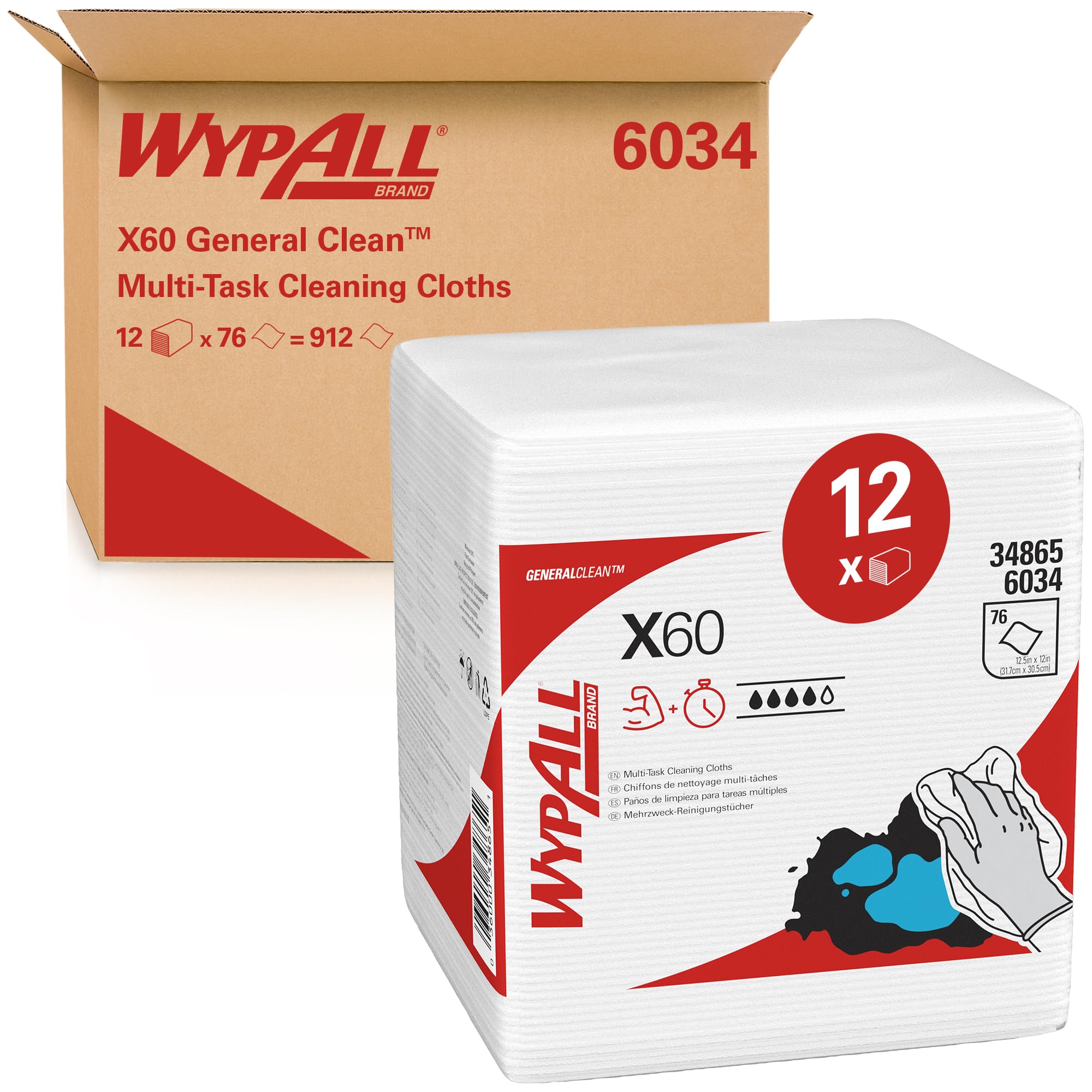 Wypall X60 Multi-Purpose Cleaning Wipes - Heavy Duty Absorbent Towels (12 Packs, 912 Sheets) | Ideal for Industrial, Kitchen & Home Cleaning | White Quarterfold Cloths for Tough Messes