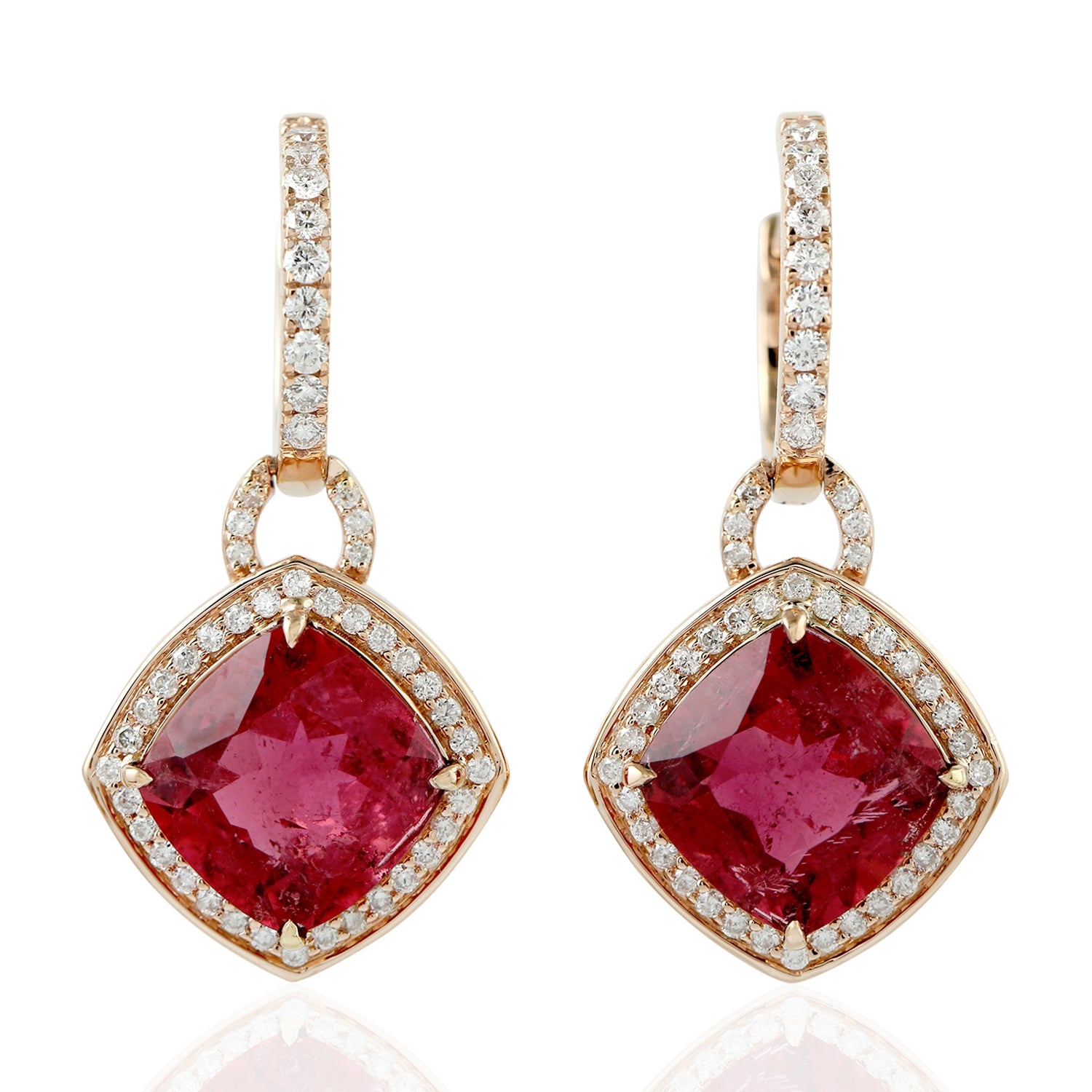 18k Rose Gold Huggie Earrings with Faceted Pink Tourmaline & Pave Diamonds | Elegant Everyday Jewelry for Women