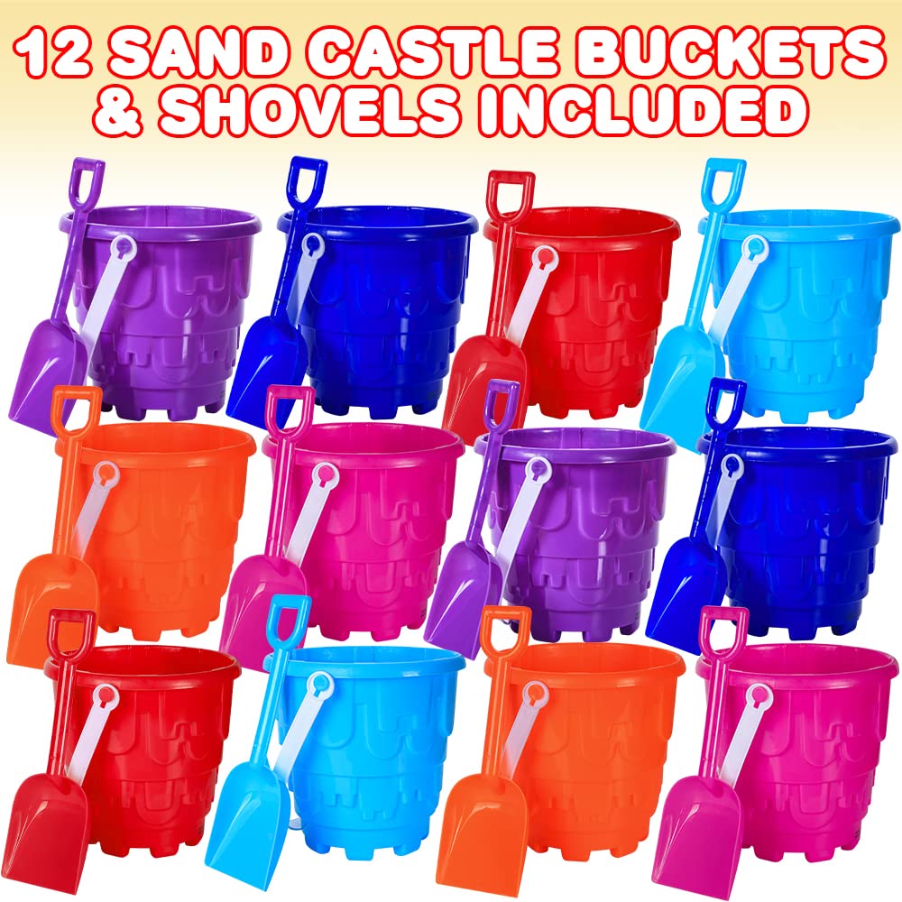 ArtCreativity 6 Inch Beach Sand Castle Bucket and Shovel Set - 12 Pails & 12 Shovels with Sand Castle Mold - Kids Sand Toys for Boys & Girls - Perfect for Beach Parties, Backyard Play & Summer Vacation Activities
