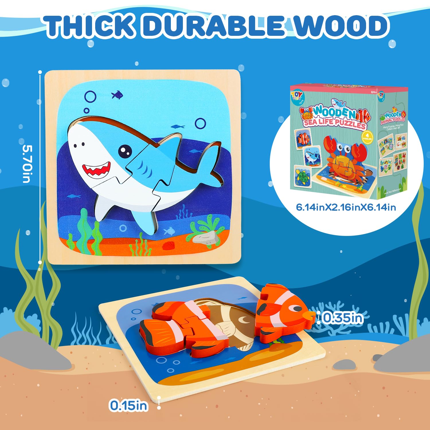 TOY Life 4-Piece Wooden Toddler Puzzles - Ocean Animals Learning Toys for 1 2 3 Year Old Boys & Girls | Montessori STEM Educational Toys for Preschoolers Ages 2-4 | Perfect for Early Childhood Development & Sensory Play