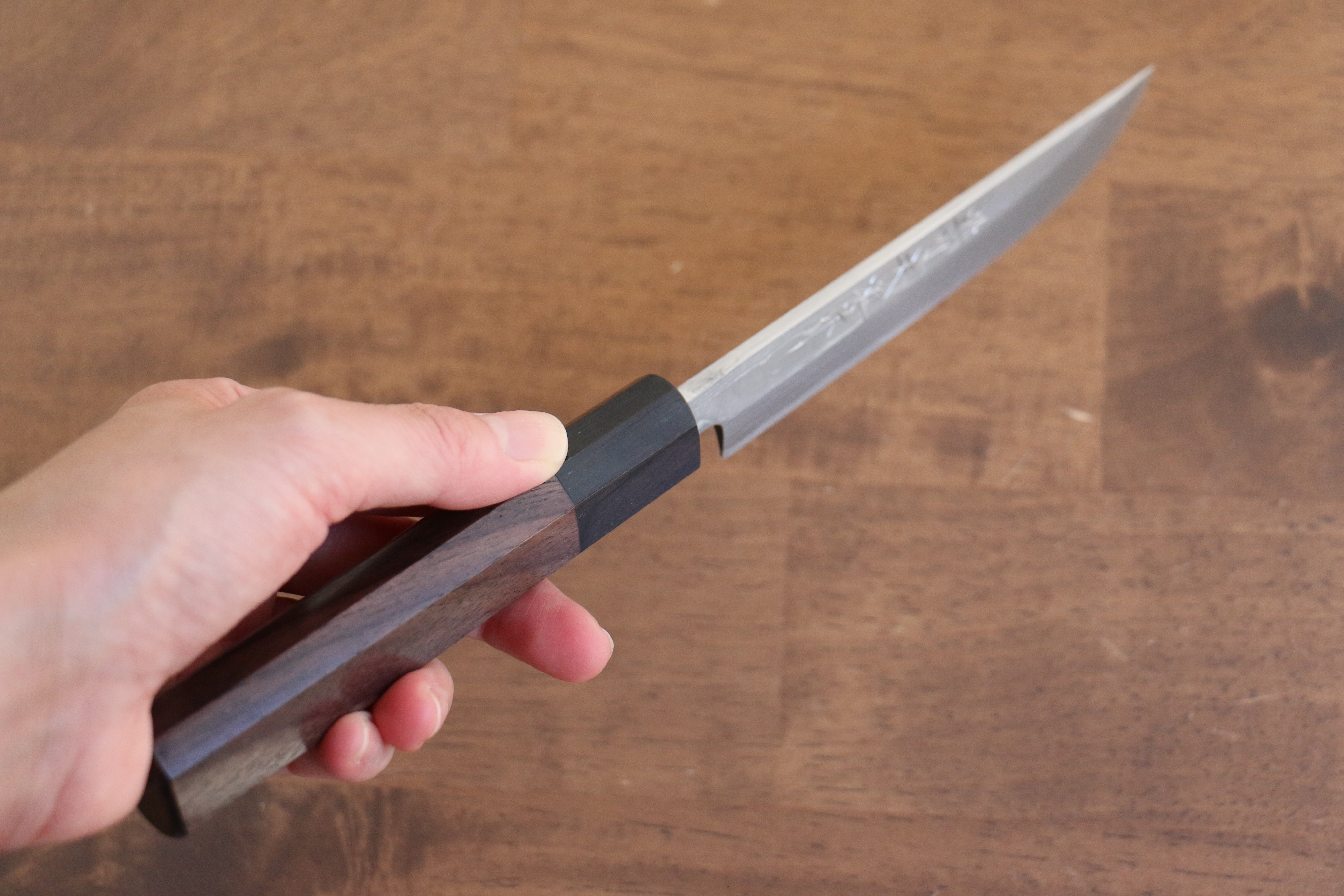 Premium Hideo Kitaoka White Steel No.2 Damascus 120mm Kitchen Knife with Exquisite Shitan Handle - Perfect for Sushi, Sashimi & Precision Cutting