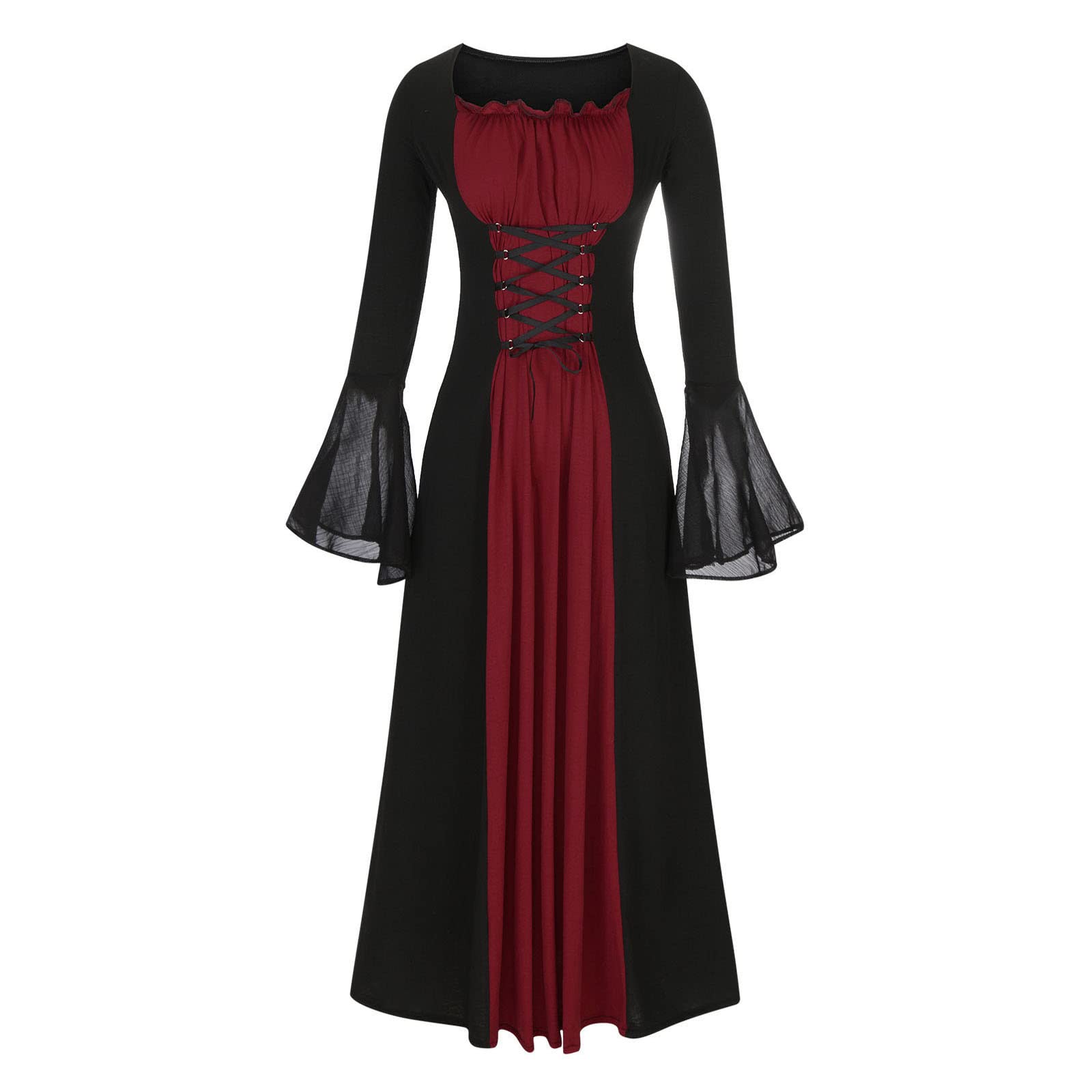 Gothic Vintage Dark Long Sleeve Maxi Dress for Women - Mesh Bell Sleeve Square Neck Overall Gown for Halloween, Cosplay, Party & Gothic Fashion