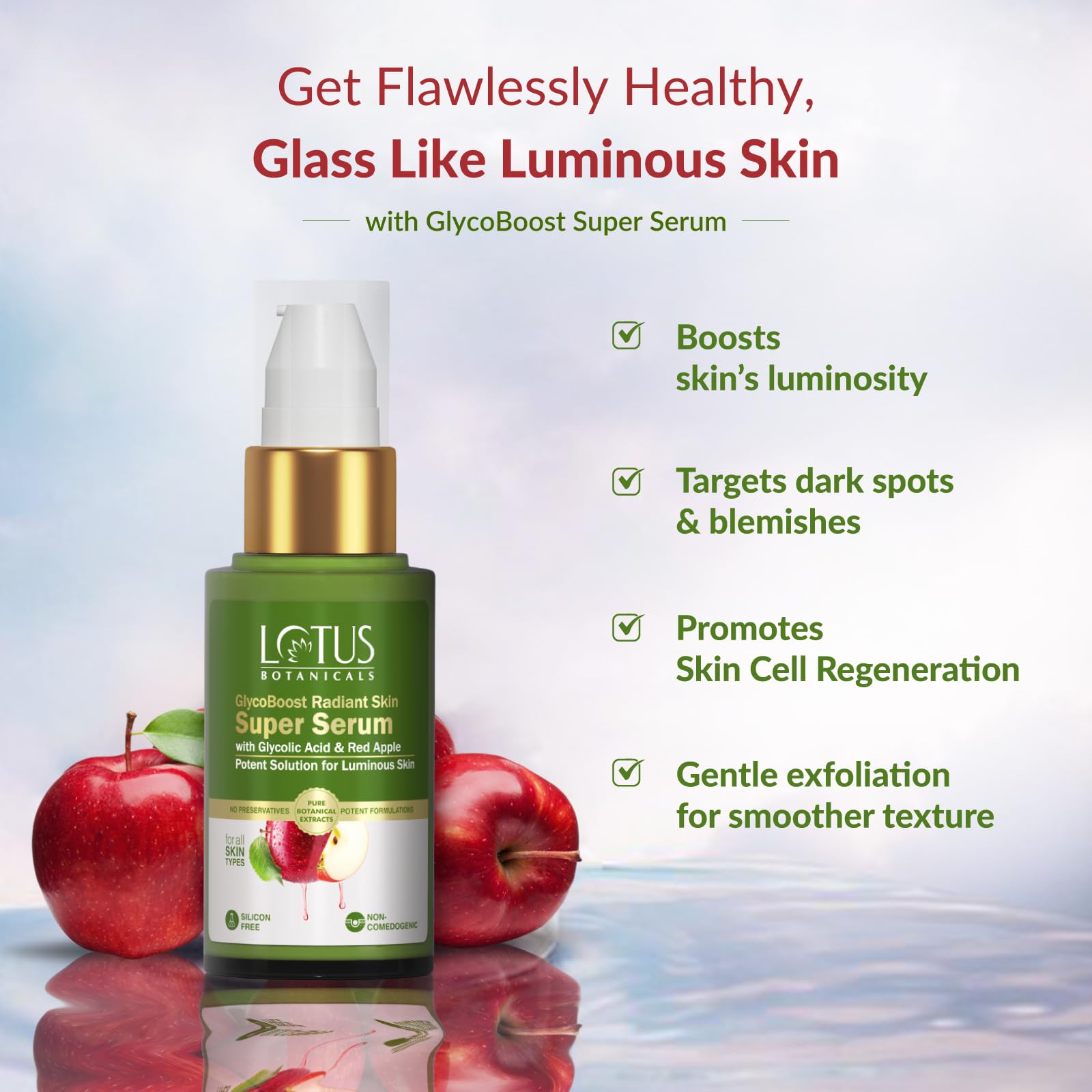 Lotus Botanicals GlycoBoost Radiant Skin Super Serum with Red Apple & Glycolic Acid | 30ml | Brightening & Exfoliating Face Treatment for Glowing Skin | Perfect for Nighttime Skincare Routine & Anti-Aging Care