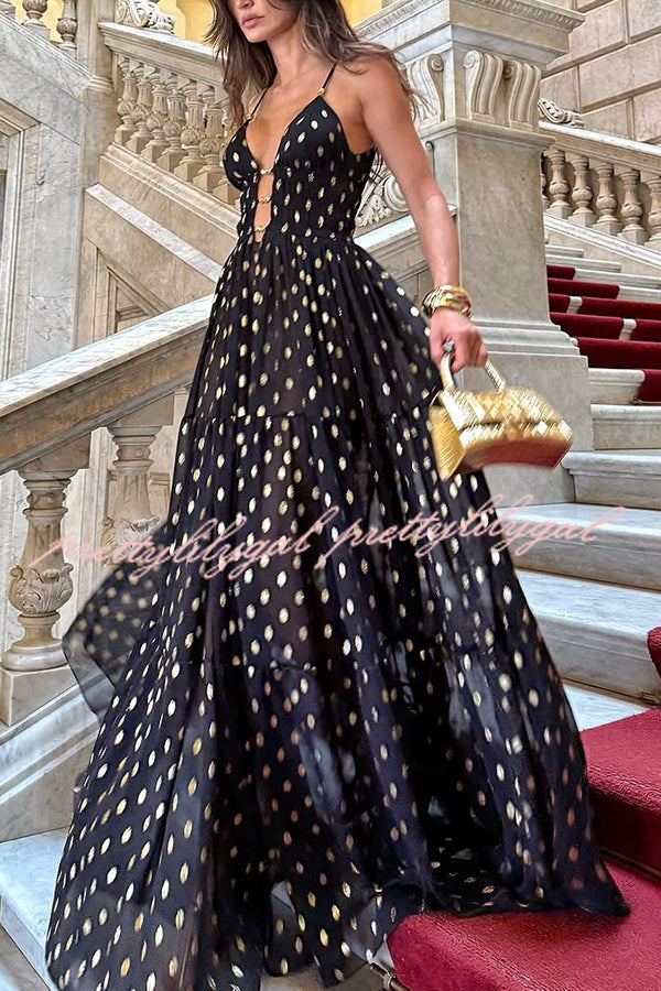 Elegant Chiffon Gold Polka Dot Print Cutout Lightweight Maxi Dress for Women - Perfect for Summer Beach Vacations, Parties and Date Nights