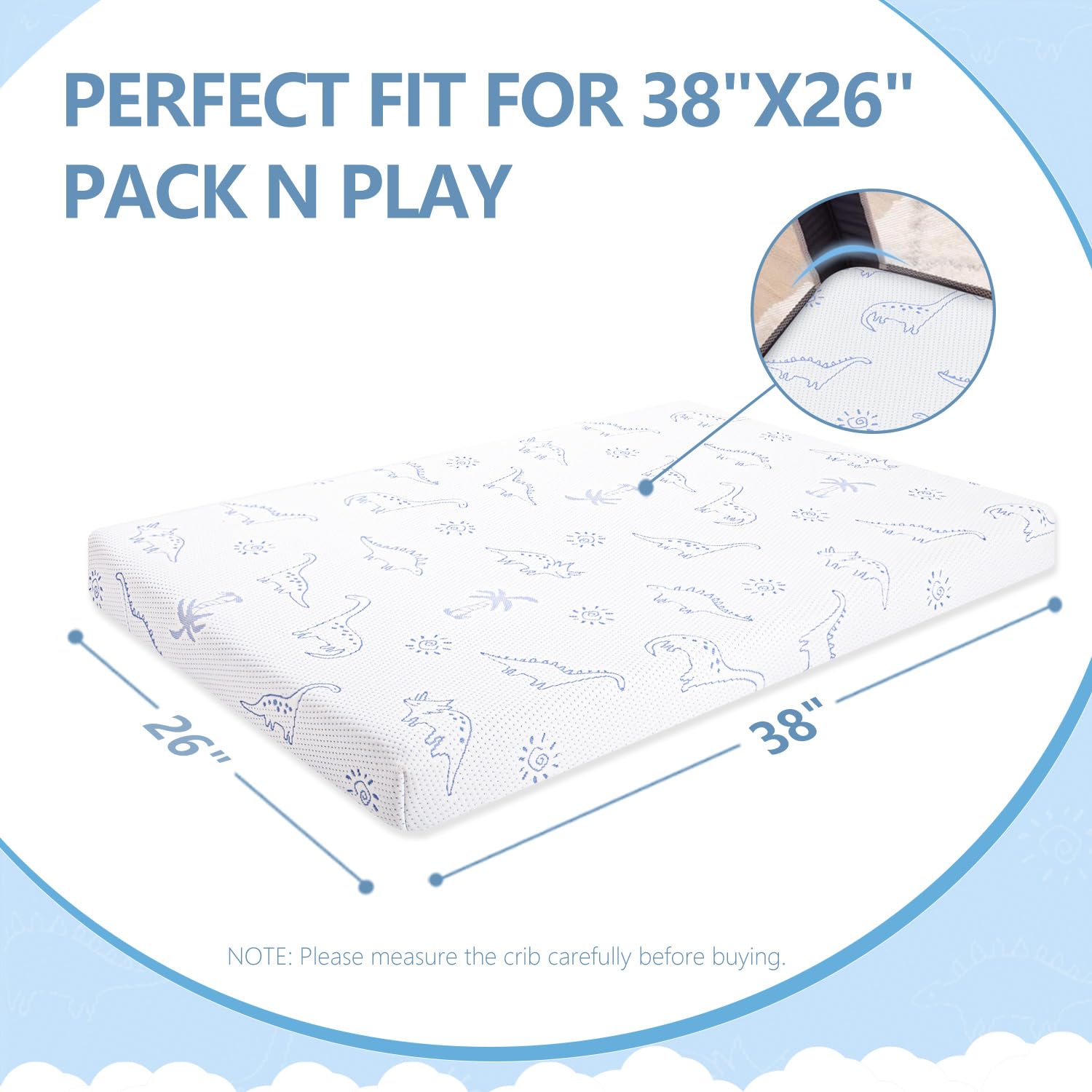 Dual-Sided Memory Foam Pack and Play Mattress Pad for Babies & Toddlers - 38x26 Inch Portable Mini Crib Mattress with Ultra-Soft Dinosaur Cover, Removable & Washable - Perfect for Travel, Daycare, and Home Nursery Use