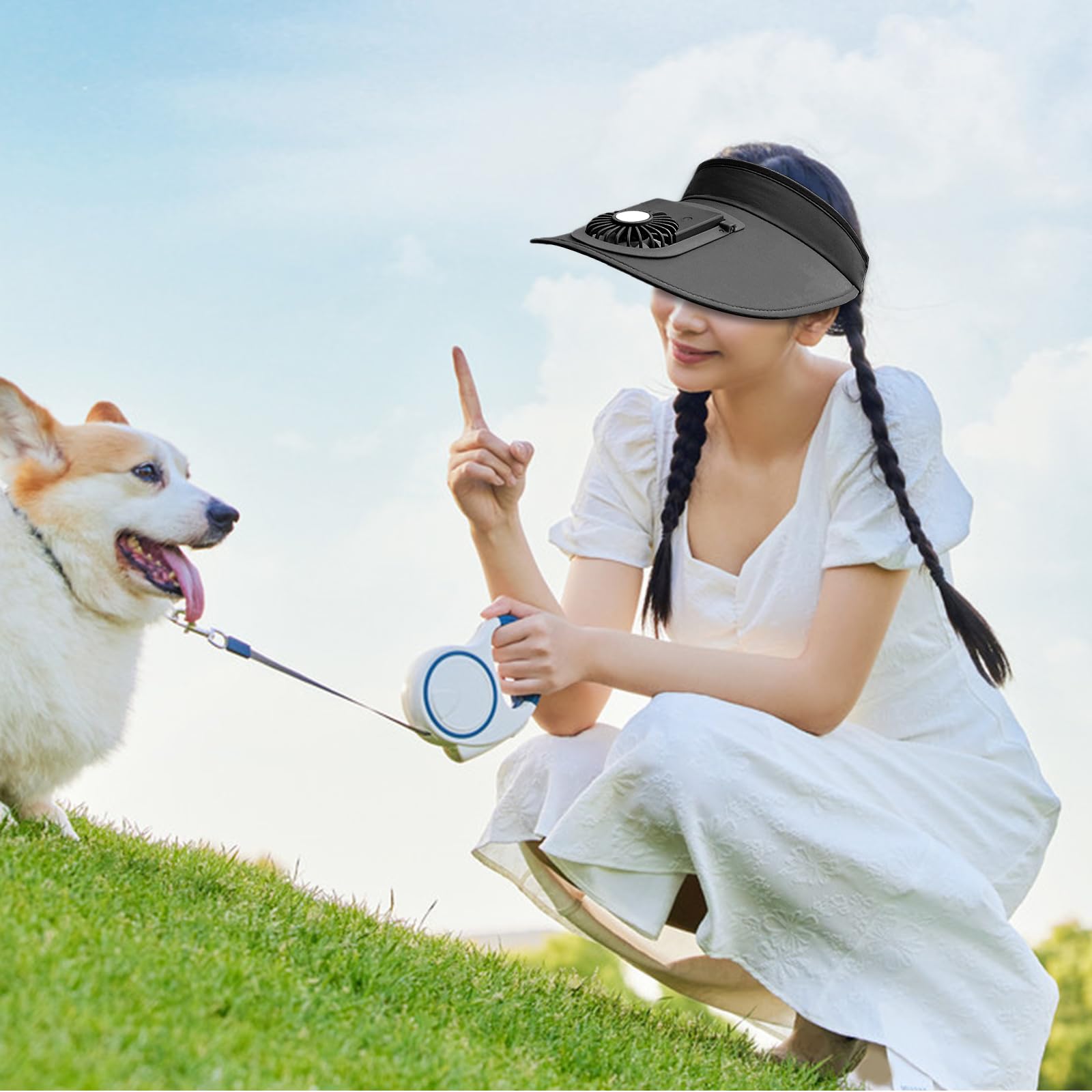 Sun Visor Hat with Cooling Fan - Summer Outdoor Sports & Camping Gear for Sun Protection - Adjustable Brim Cooling Fan Hat for Hiking, Golf, Beach (Black)