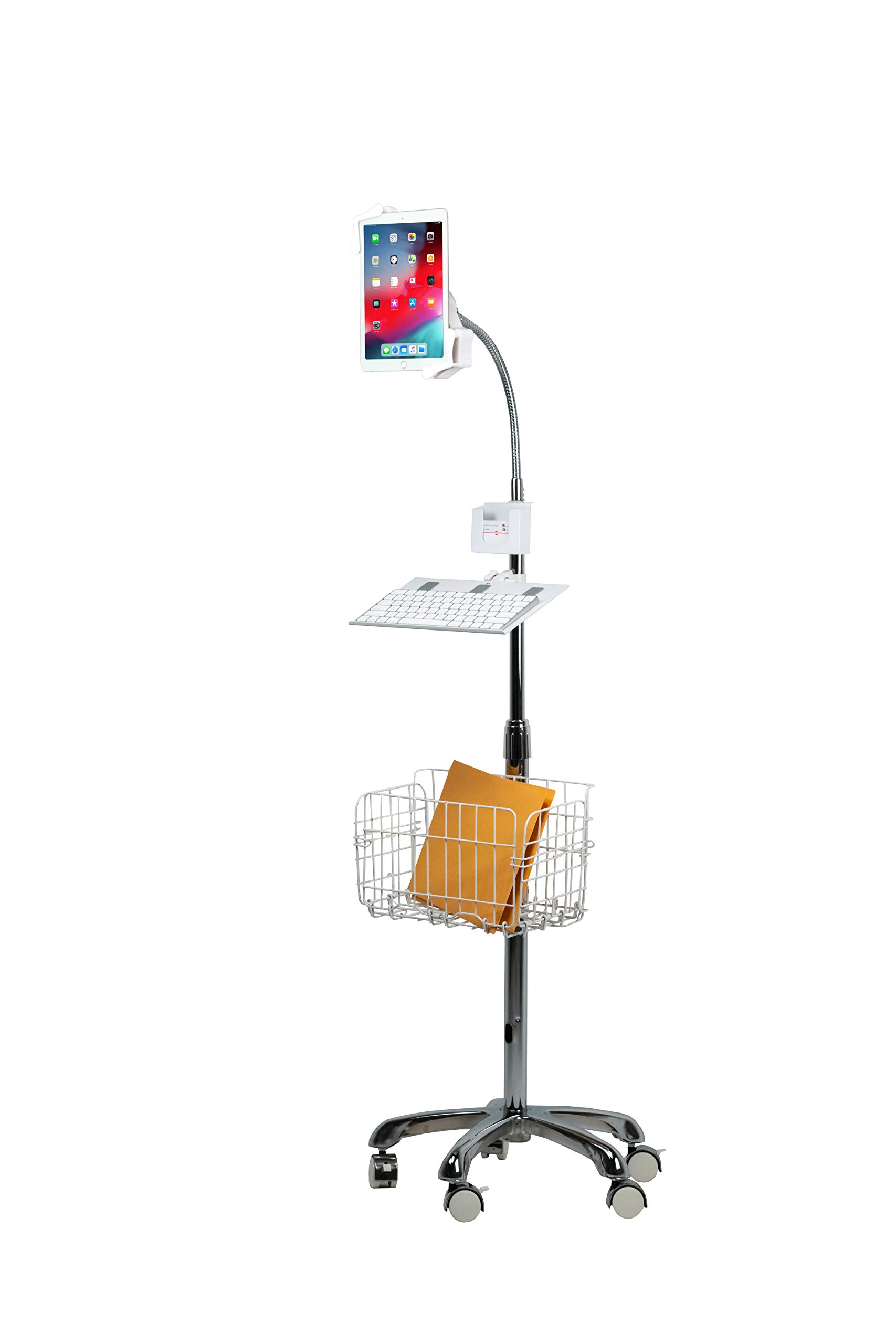 Heavy-Duty Adjustable Gooseneck Floor Stand with VESA Mount & Storage Basket - Compatible with iPad 7th/8th/9th Gen 10.2