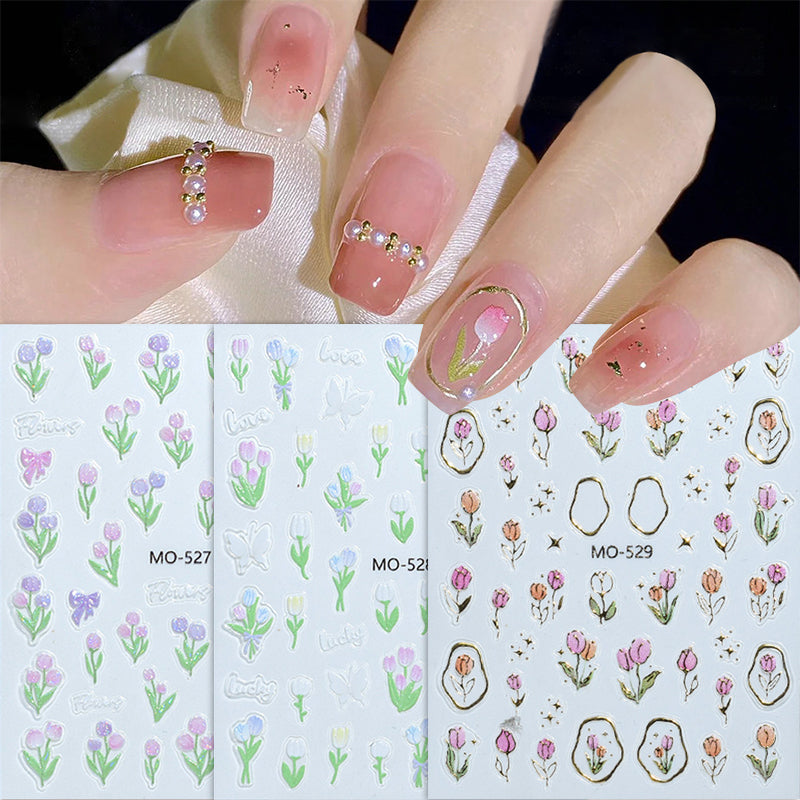 3D Spring Tulip Embossed Flower Jelly Nail Stickers - Set of 3 Designs (MO-527/528/529) for Gel Polish Manicure & Nail Art Decoration - Perfect for Spring Parties, Weddings and DIY Nail Salon