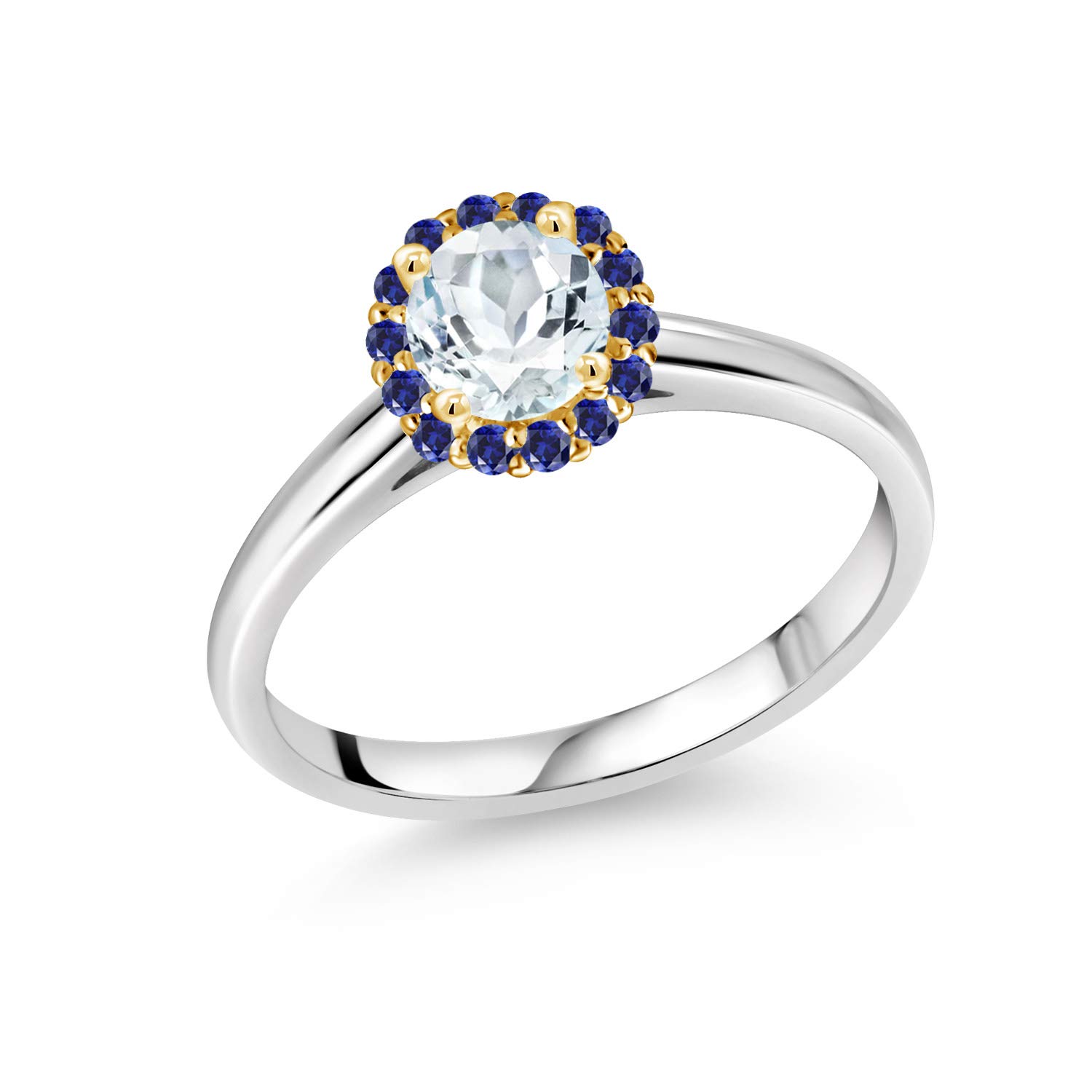 0.64 Ct Sky Blue Aquamarine & Created Sapphire 10K White Gold Ring with Yellow Gold Prongs - Elegant Birthstone Jewelry for Women, Perfect for Engagement, Anniversary & Special Occasions