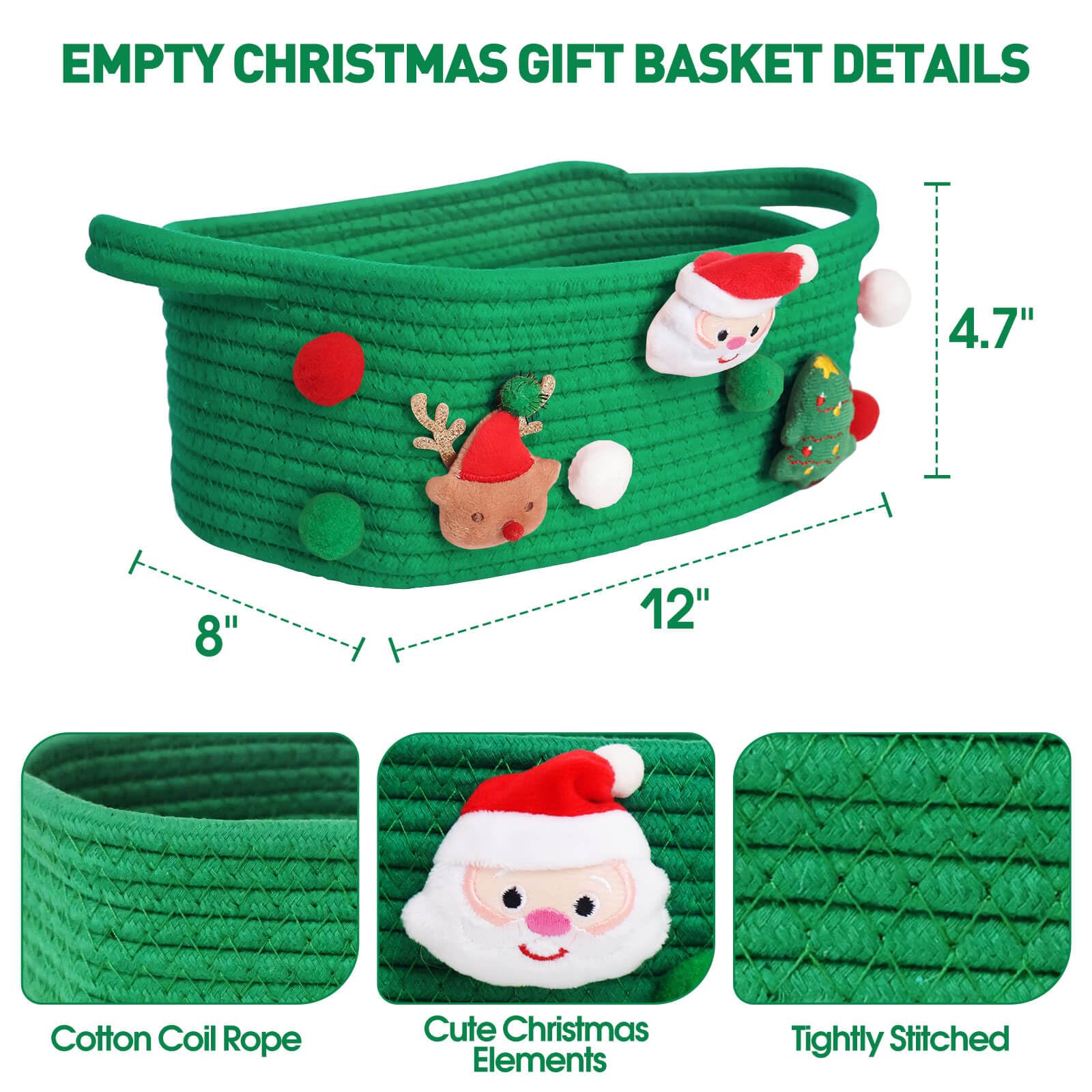 Christmas Gift Basket Set - Small Green Cotton Rope Basket with Gift Bag, Bow Ribbon & Handle | Holiday Wrapping Storage Solution for Toys, Snacks & Home Decor | Perfect Xmas Gifts for Women, Men & Kids | Great for Holiday Parties, Gift Exchanges & Festive Home Decor