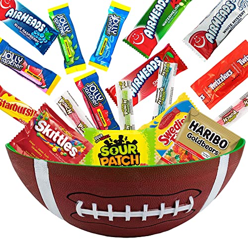 Football-Shaped Serving Platter with 4lbs Bulk Candy - Hard, Sour & Gummy Non-Chocolate Treats | Large Plastic Party Decor for Sports Events, Game Day Snacks & Birthday Celebrations