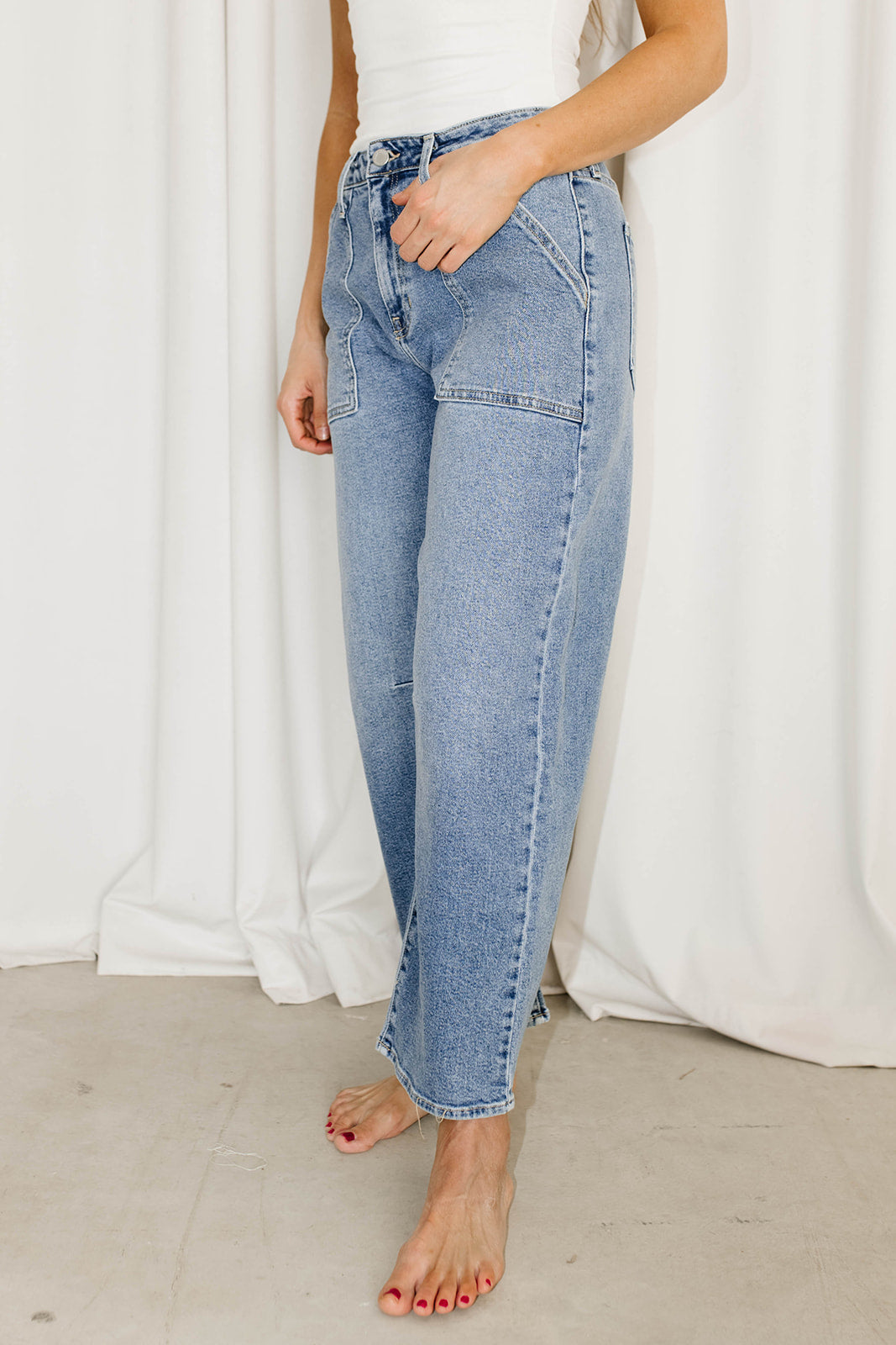 Ayla Women's Utility Barrel Jeans - Medium Wash Denim Pants for Casual Wear, Work & Outdoor Activities