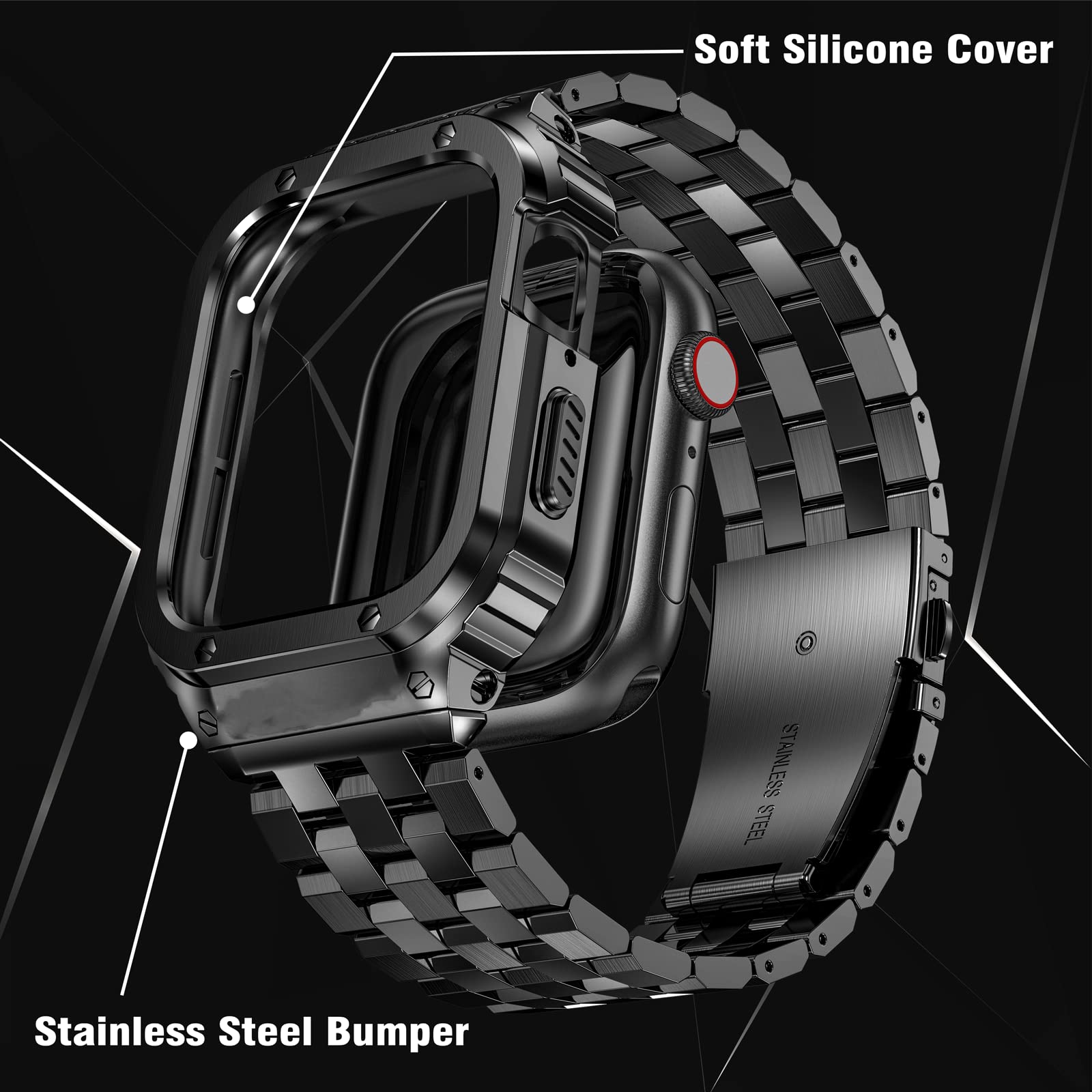 SUPLINK Stainless Steel Band & Protective Case for Apple Watch 40mm 41mm 38mm - Rugged Metal Cover Bumper Strap Compatible with iWatch Series 9/8/7/6/5/4/3/2/1/SE - Durable Unisex Design in Black | Perfect for Outdoor Activities, Workouts & Everyday Wear