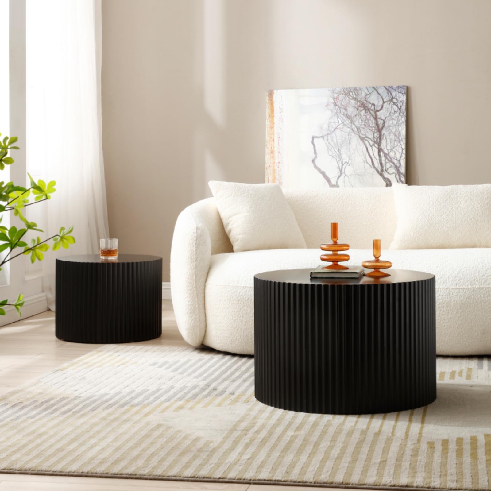 Modern Round Wooden Coffee Table Set of 2 - Matte Black Nesting Side Tables for Living Room, Accent End Tables with Circle Design | Perfect for Small Spaces, Lounge Areas & Home Decor