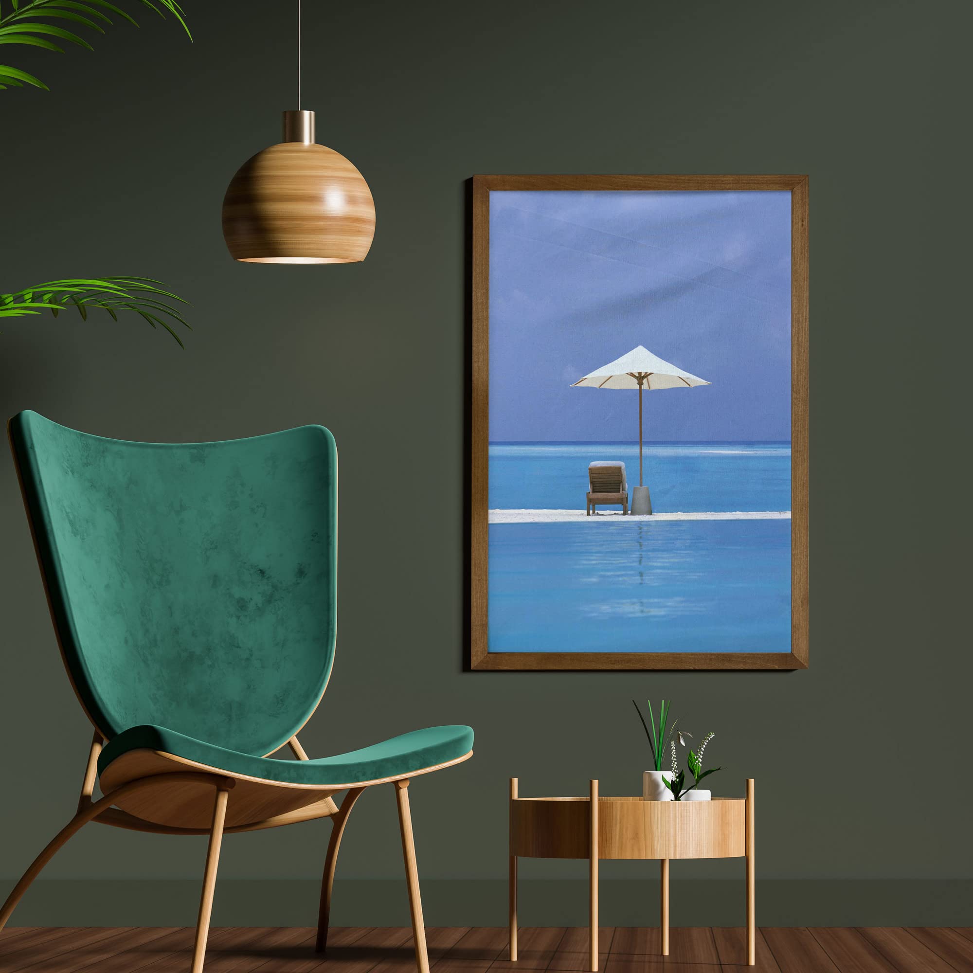 Ambesonne Coastal Wall Art - Ocean Seascape Painting with Beach Chairs & Umbrella on Island, Fabric Decor with Teak Wood Frame (23x35 Inch) - Perfect for Living Room, Bedroom & Beach House Decor in Blue & Beige
