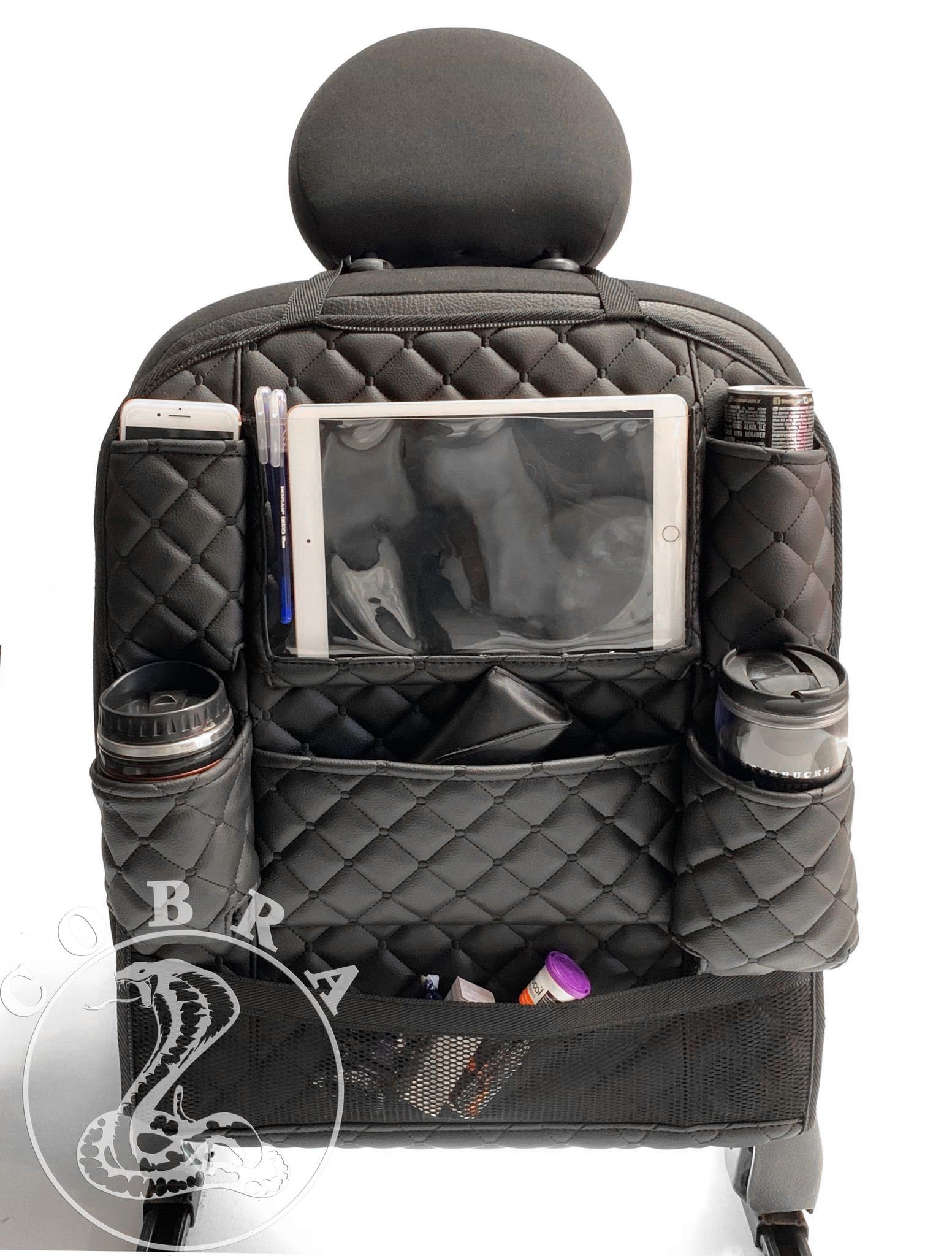 Premium Black Diamond Stitch VIP Car Back Seat Organizer - Luxury JDM Storage Pocket for Auto Accessories | Perfect for Road Trips, Family Travel & Vehicle Organization