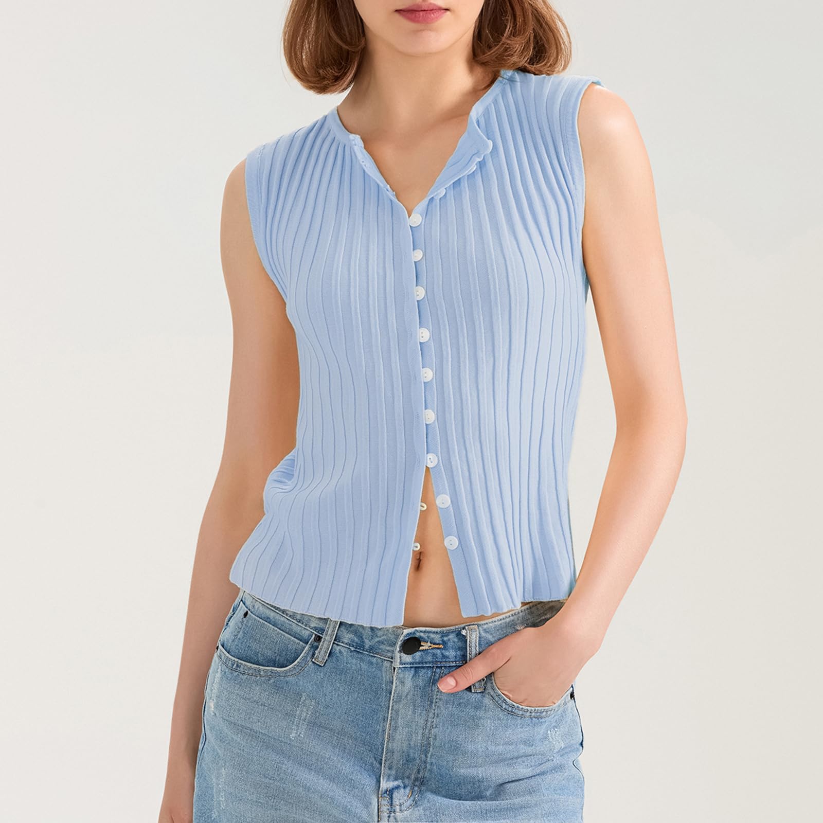 Women's Ribbed Knit Sleeveless Button Up Vest Tank Top - Slim Fit Y2K Summer Going Out Tops for Casual Wear, Beach Cover-Up & Night Out Outfits