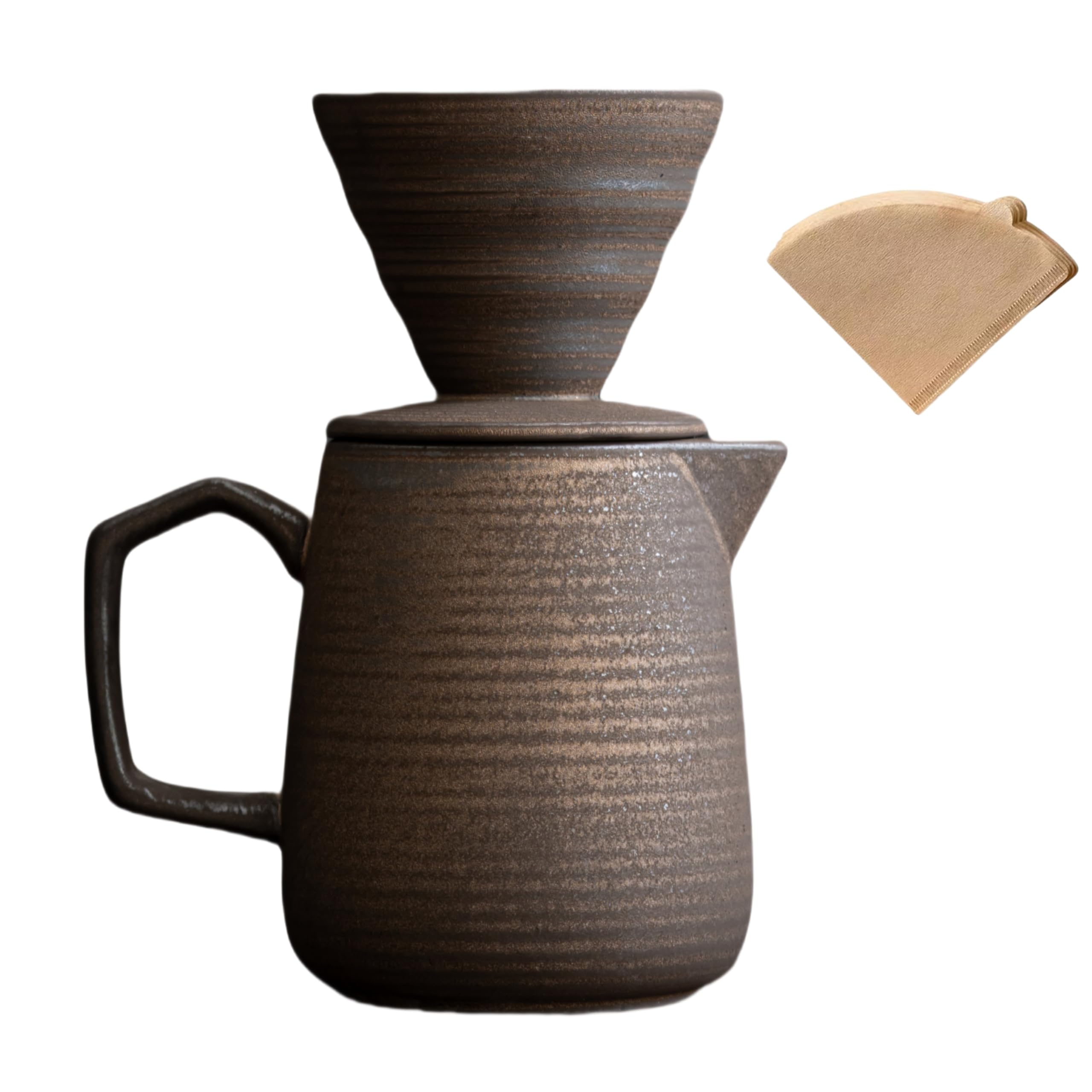 Premium Ceramic Pour Over Coffee Maker with 100 V60 Paper Filters - 16oz/480ml Retro Gold Coffee Dripper for Home Brewing, Office Use & Camping Coffee Making
