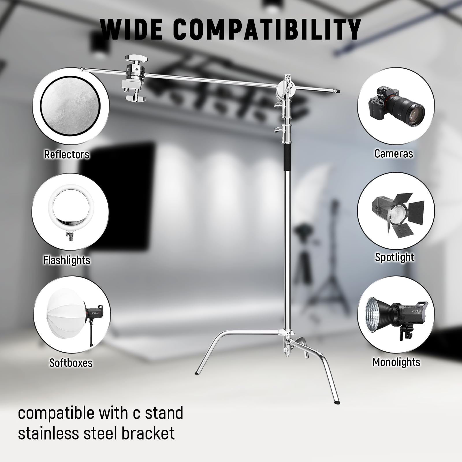 Heavy Duty C Stand with Boom Arm - 10.8ft Stainless Steel Photography Light Stand Kit, 4.2ft Adjustable Boom for Studio Softbox, Reflector & Lighting Equipment - Perfect for Photography Studios, Video Production & Film Sets