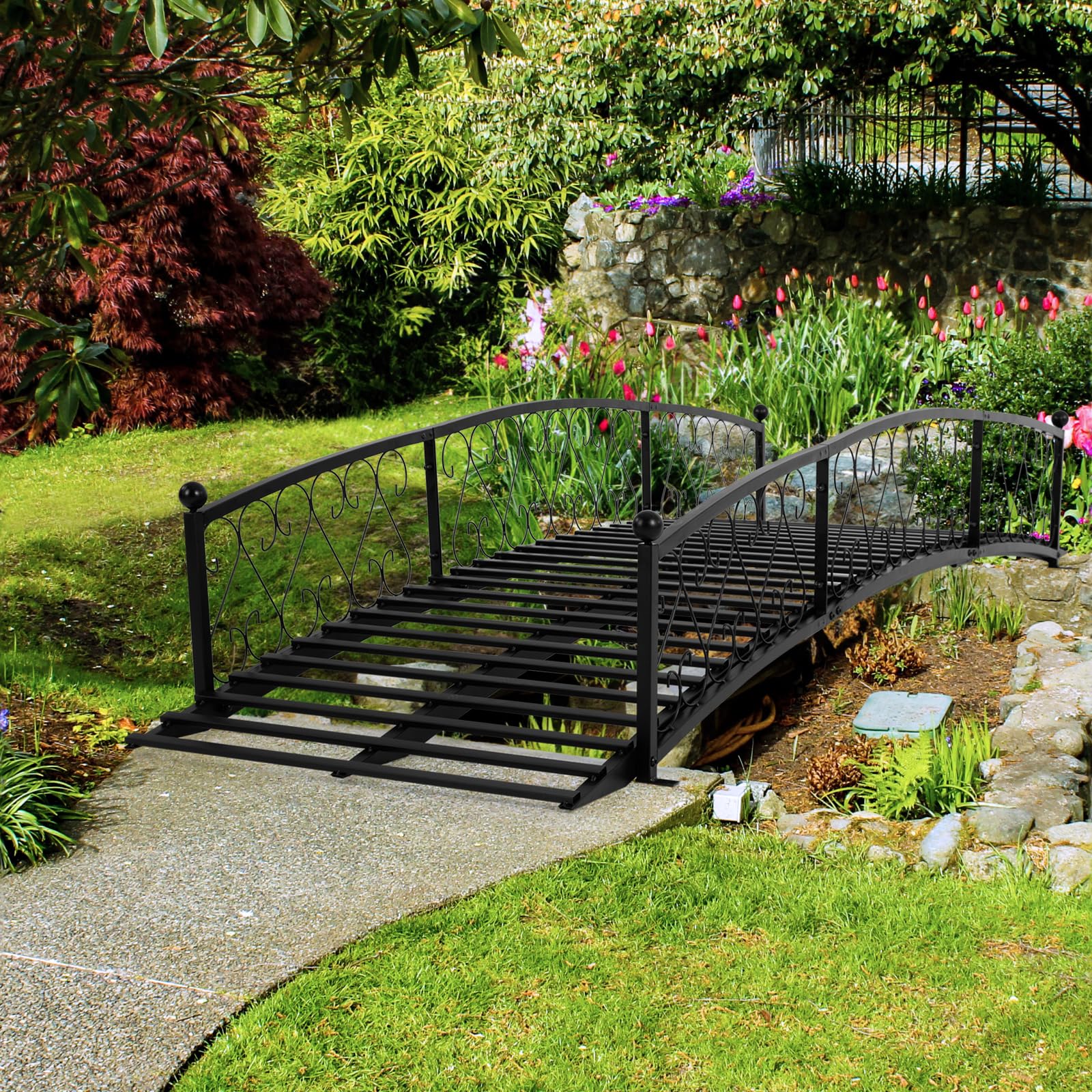 8 FT Metal Garden Bridge - Heavy Duty Arc Footbridge with Side Rails for Outdoor, Patio, Creek, Stream, Pond - Perfect for Landscaping, Backyard Decor & Water Features (Black)