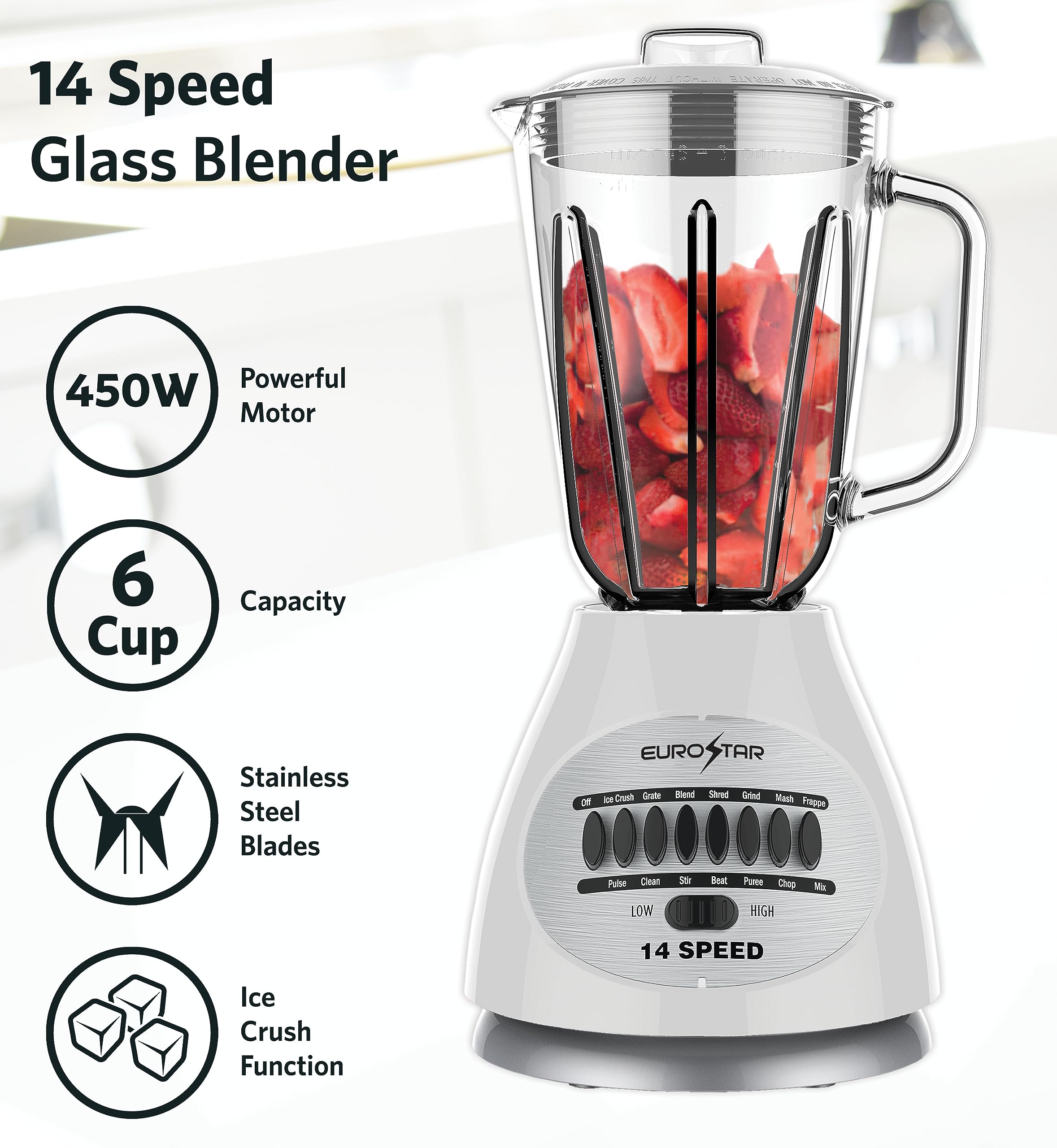 450W 14-Speed Glass Jar Blender - Powerful Countertop Blender for Smoothies, Shakes & Food Prep (White) - Perfect for Kitchen, Restaurant & Healthy Lifestyle