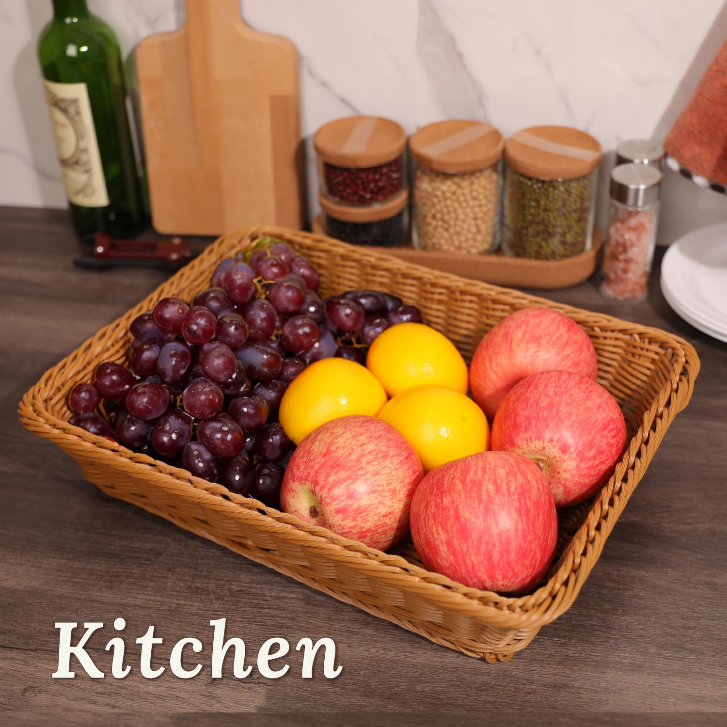Natural Woven Wicker Bread Basket Set of 2 - Rectangular Resin Serving Tray for Kitchen, Fruits, Pastries & Entertaining | Light Brown Rustic Home Decor for Dining Table, Picnics & Gift Giving