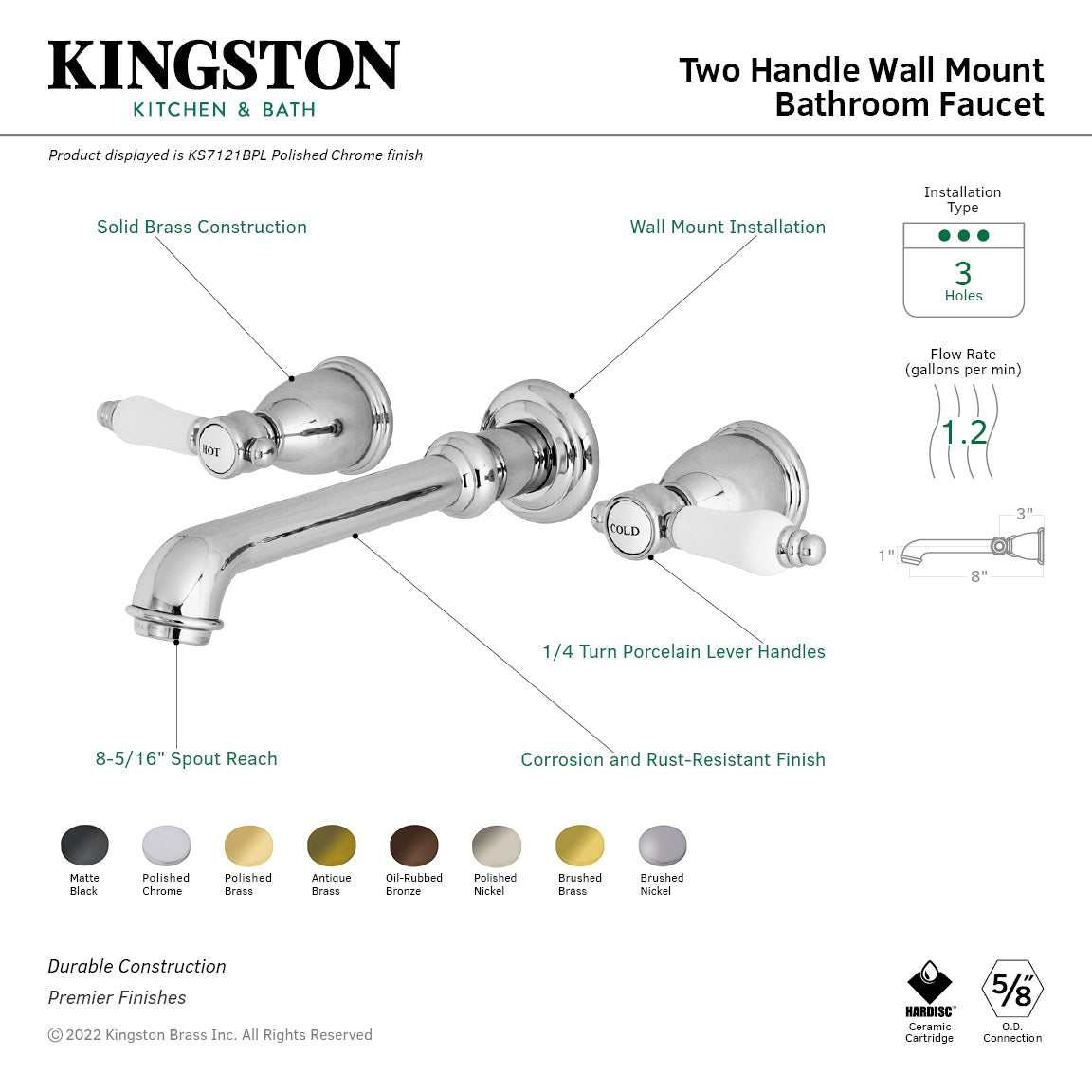 Bel Air KS7121BPL Double Handle 3 Hole Wall Mount Bathroom Faucet - Polished Chrome Finish for Bathroom Sink, Vanity, and Powder Room Installation