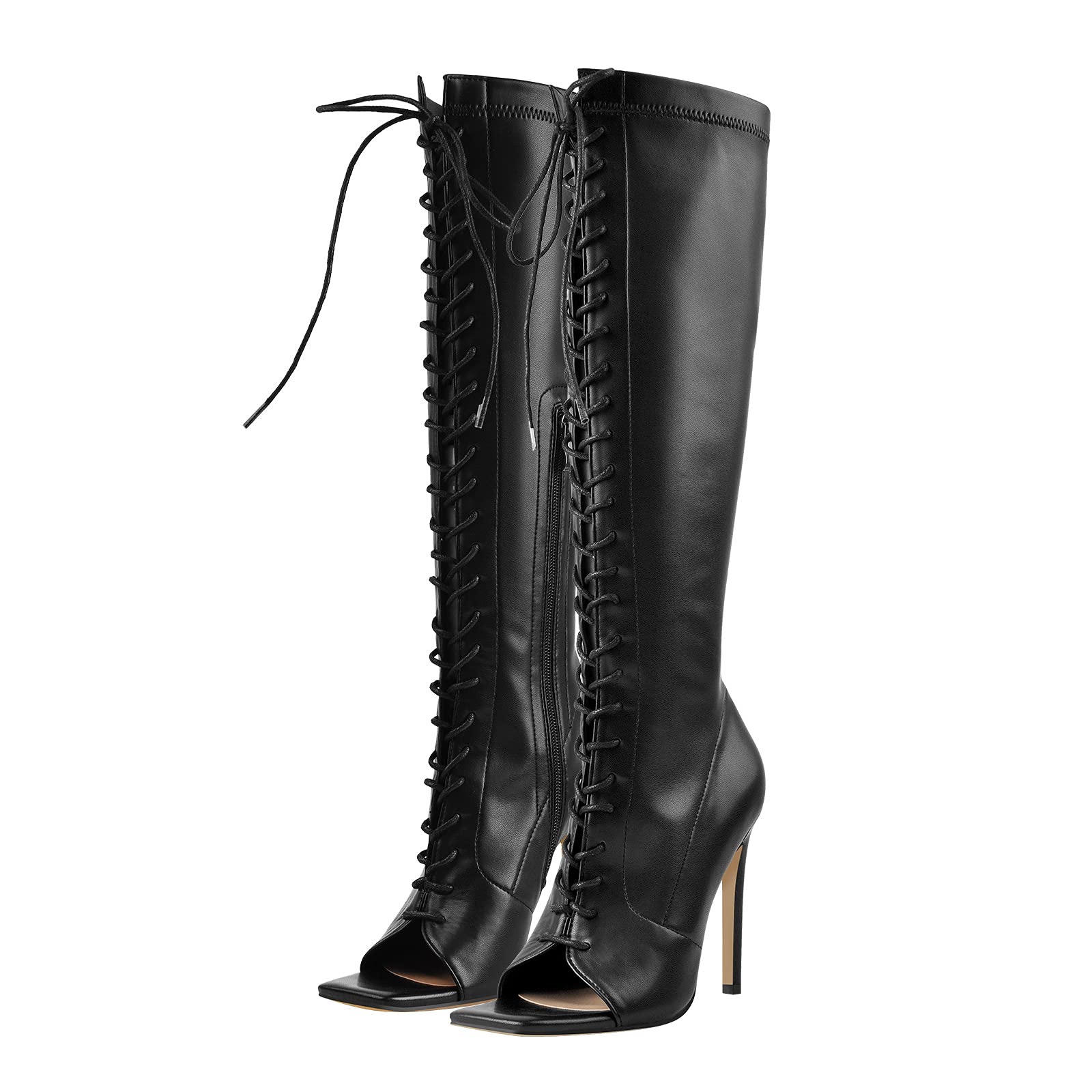 LISHAN Women's Square Toe Over The Knee High Boots - Stiletto Heel Lace Up & Zipper Fashion Boots for Party, Night Out & Winter Outfits