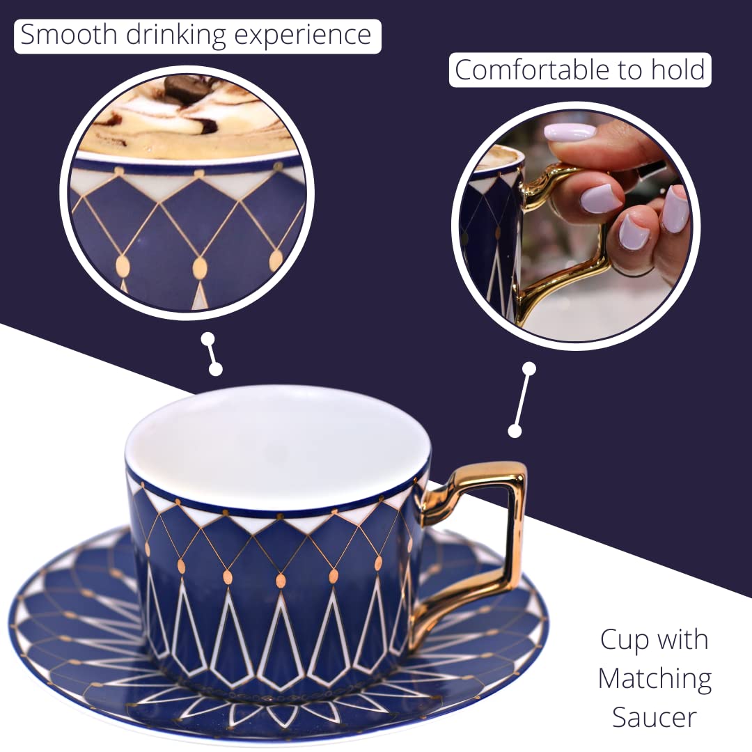 Premium Ceramic Bone China Tea & Coffee Cup Set - 220ml/7.4oz Cups with Matching Saucers & Spoons - Elegant Cappuccino, Espresso & Turkish Tea Mugs - Perfect Holiday Gift for Home, Office & Cafe Use